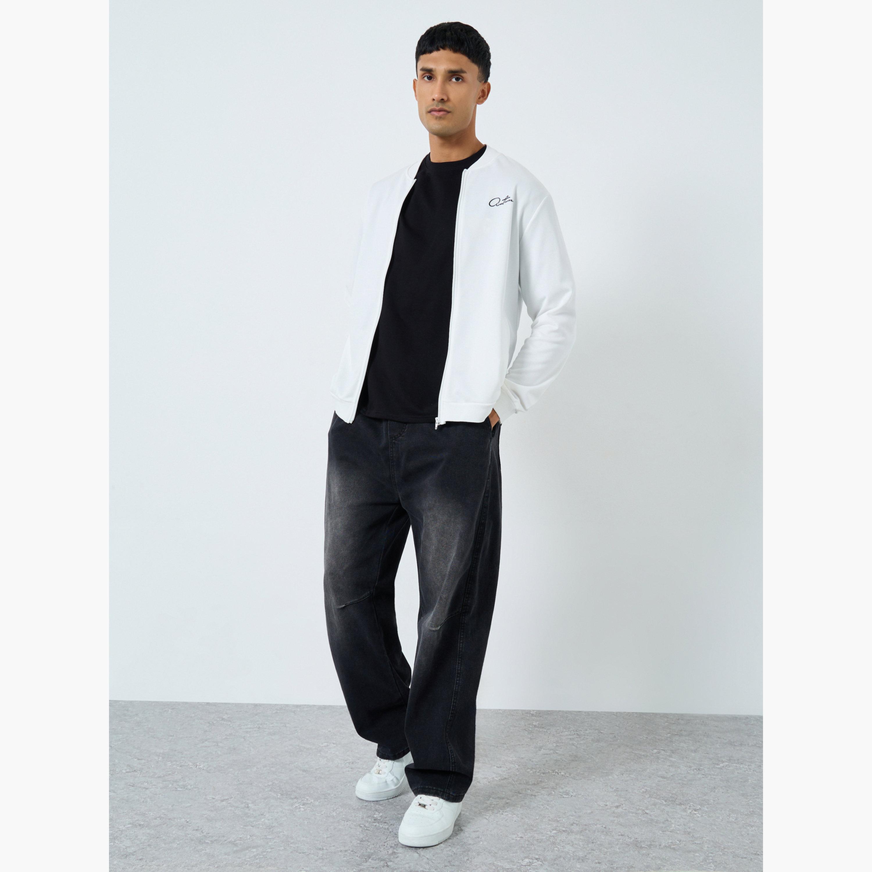 Take Two Text Print Round Neck Long Sleeves Men's Zip Through Bomber Sweatshirt-men-clothing-jacketsandblazers-jackets-image-2