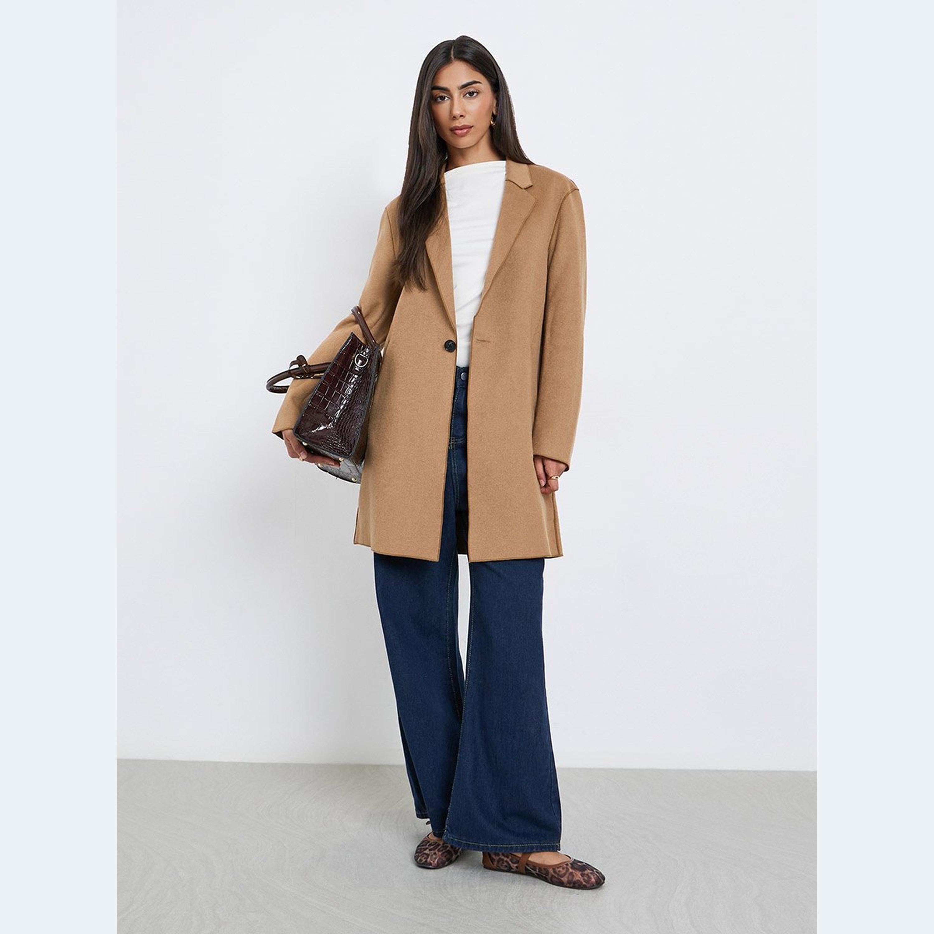 ستايلي - معطف للنساء بني متوسط ​​الطول بأزرار-women-clothing-coatsandjackets-coats-image-1
