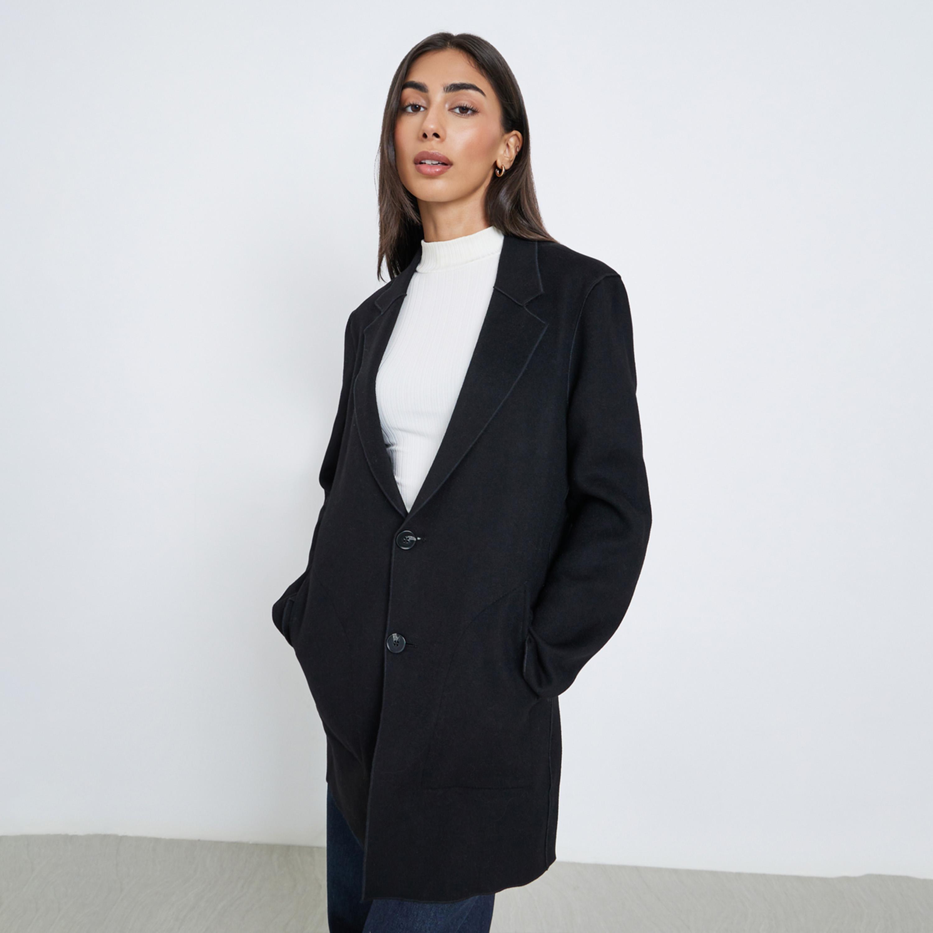 Styli Women Black Midi Button Coat-women-clothing-coatsandjackets-coats-image-1