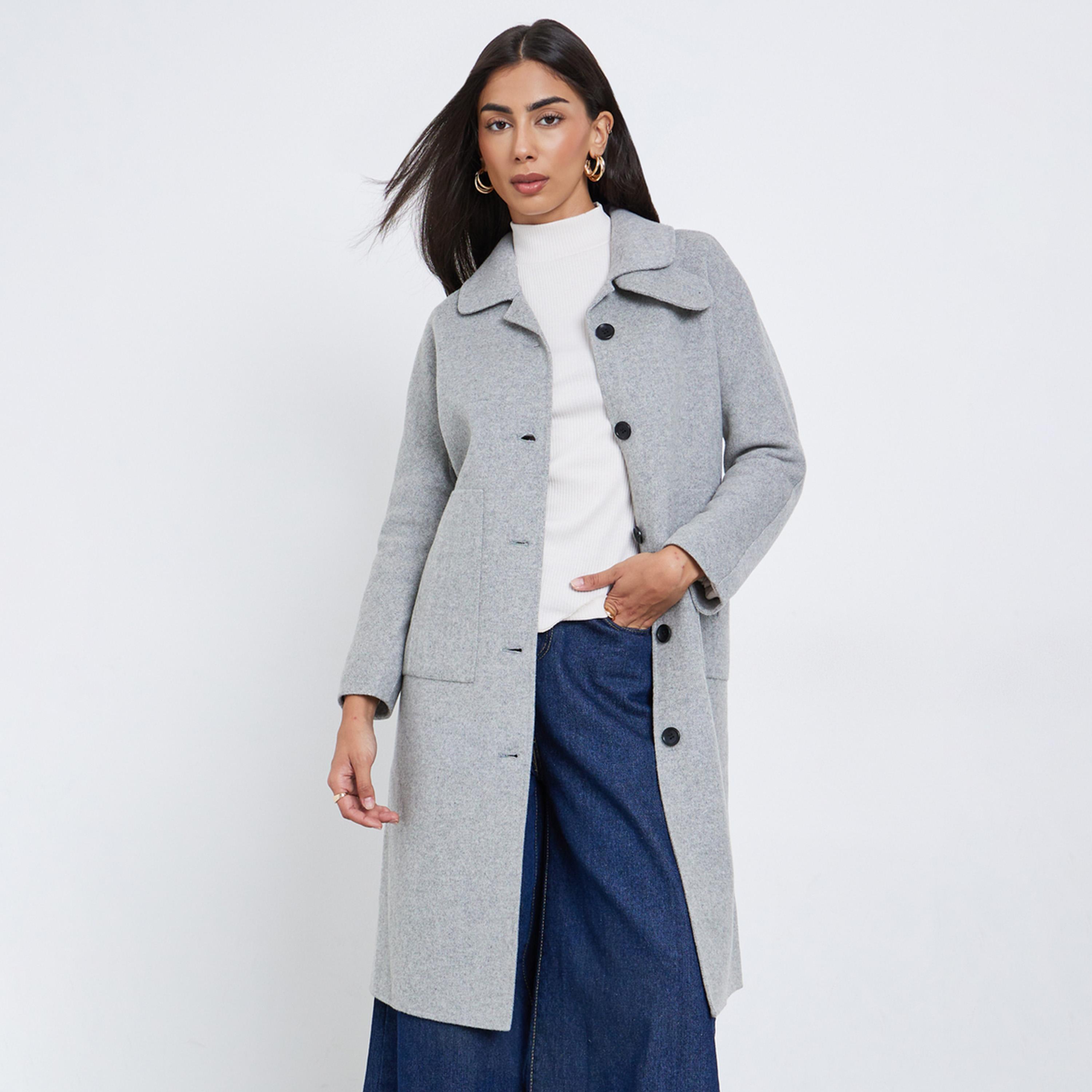 ستايلي - معطف رمادي متوسط ​​الطول بأزرار-women-clothing-coatsandjackets-coats-image-1