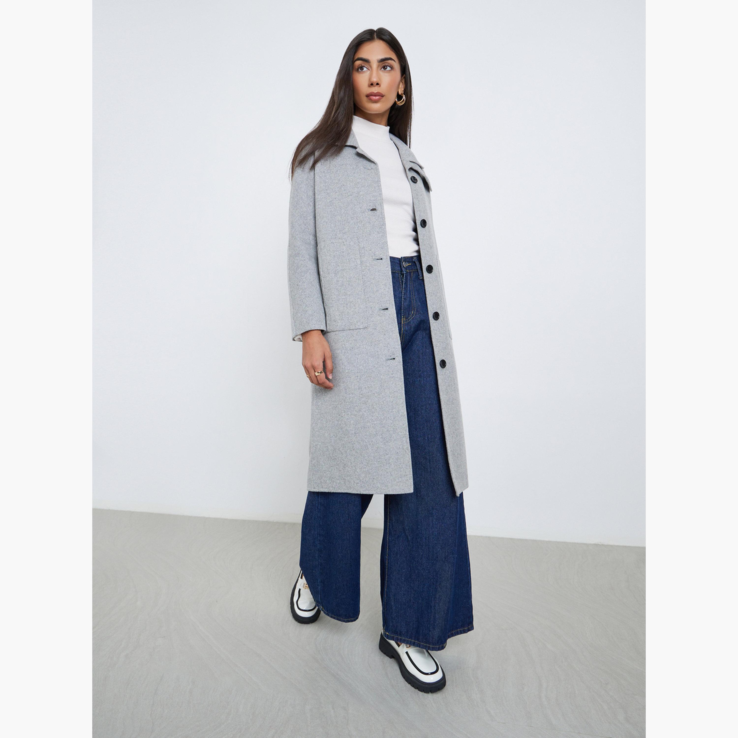 Styli Women Grey Midi Button Coat-women-clothing-coatsandjackets-coats-image-2