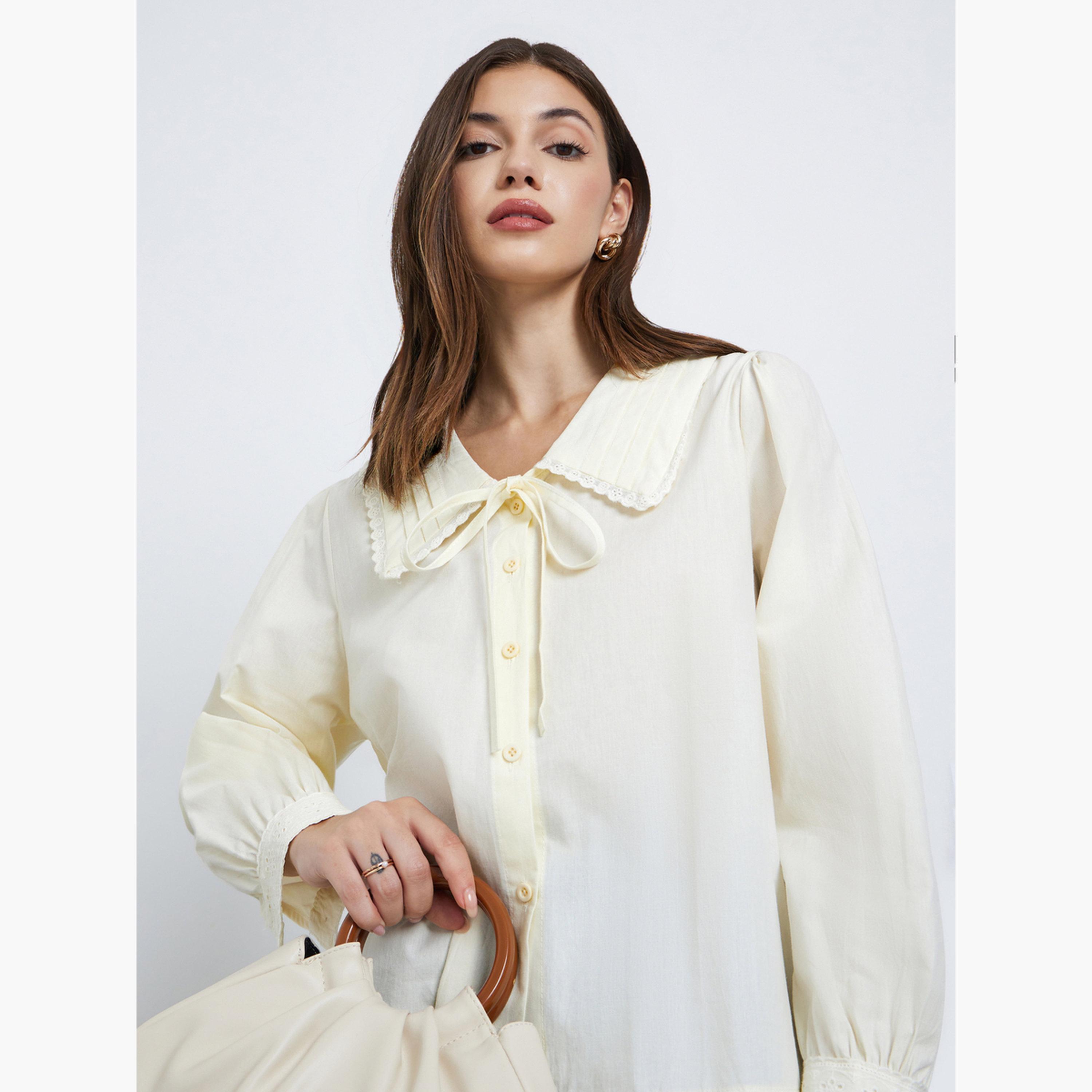 Styli Women Yellow Lace Detail Long Sleeve Shirt with Tie-Up Detail-women-clothing-shirtsandblouses-shirts-image-2