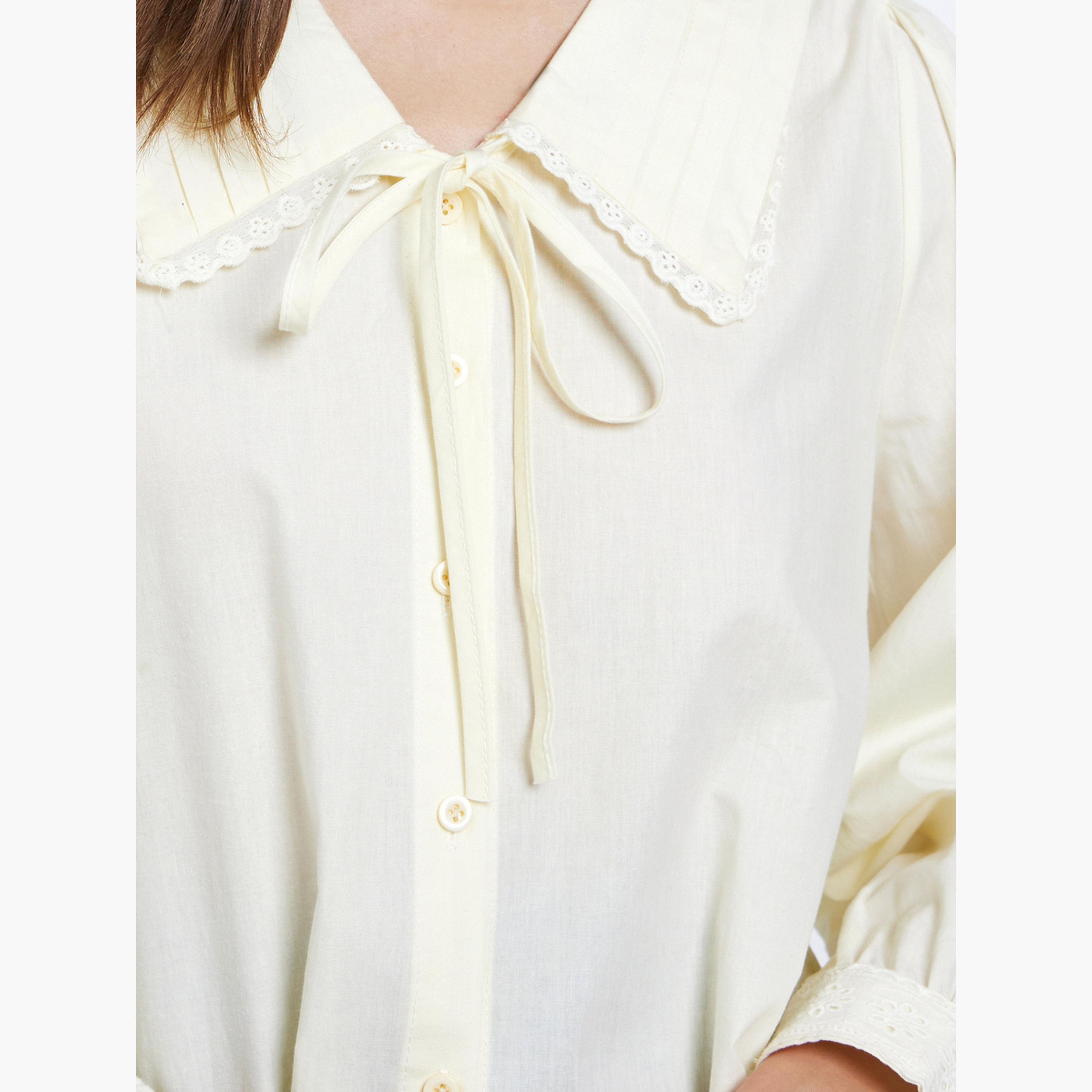 Styli Women Yellow Lace Detail Long Sleeve Shirt with Tie-Up Detail-women-clothing-shirtsandblouses-shirts-image-3