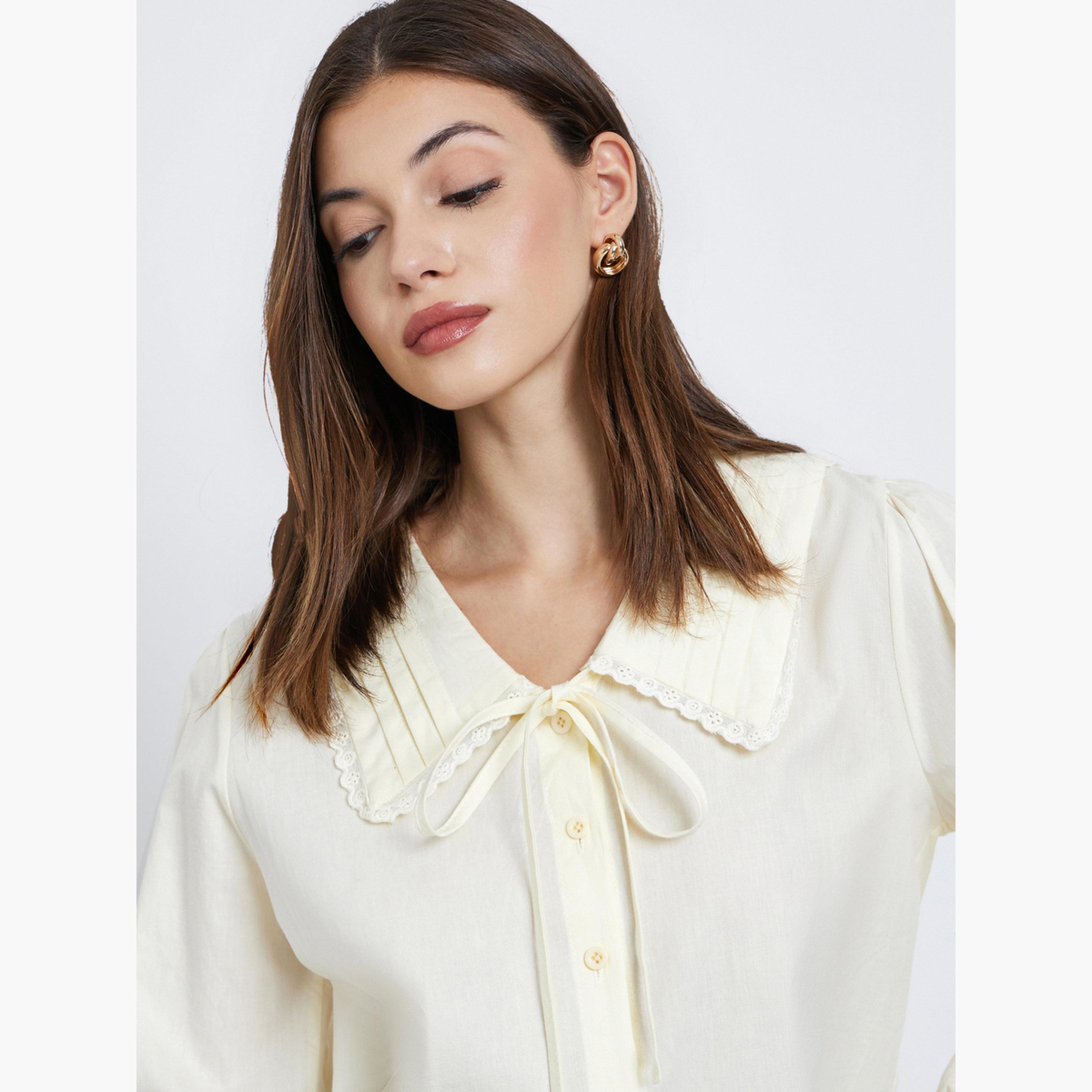 Styli Women Yellow Lace Detail Long Sleeve Shirt with Tie-Up Detail-women-clothing-shirtsandblouses-shirts-image-5