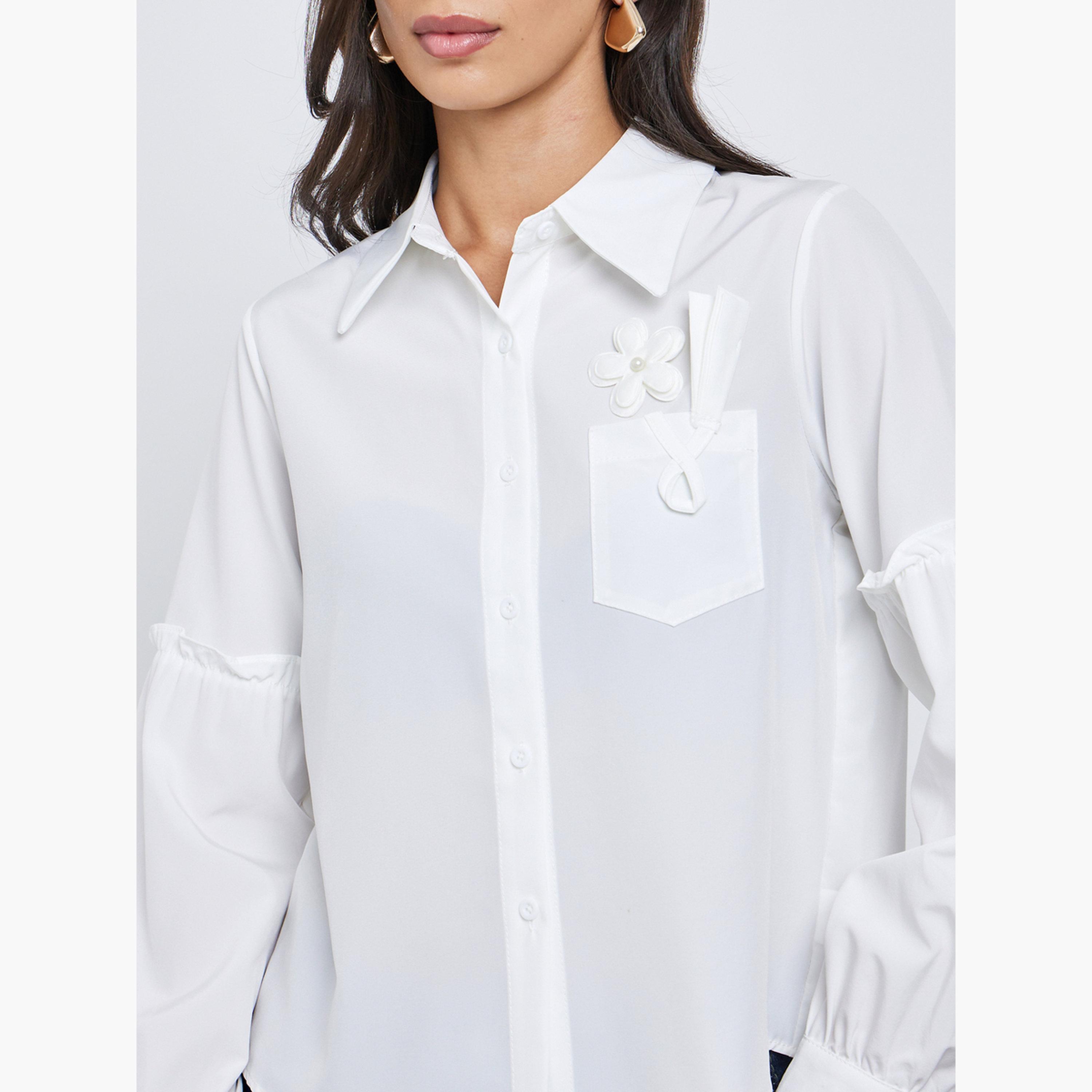 ستايلي - قميص كاجوال أبيض مزين بجيوب للنساء-women-clothing-shirtsandblouses-shirts-image-3
