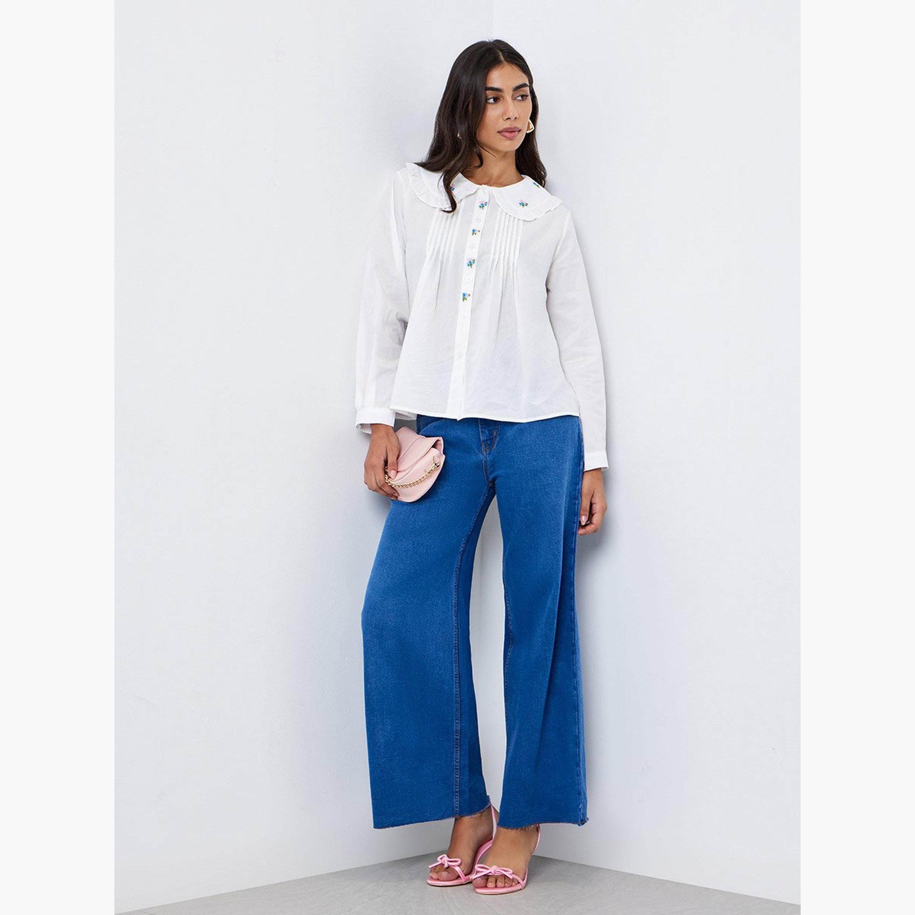 Styli White Embroidered Peter Pan Collar Shirt-women-clothing-shirtsandblouses-shirts-image-1