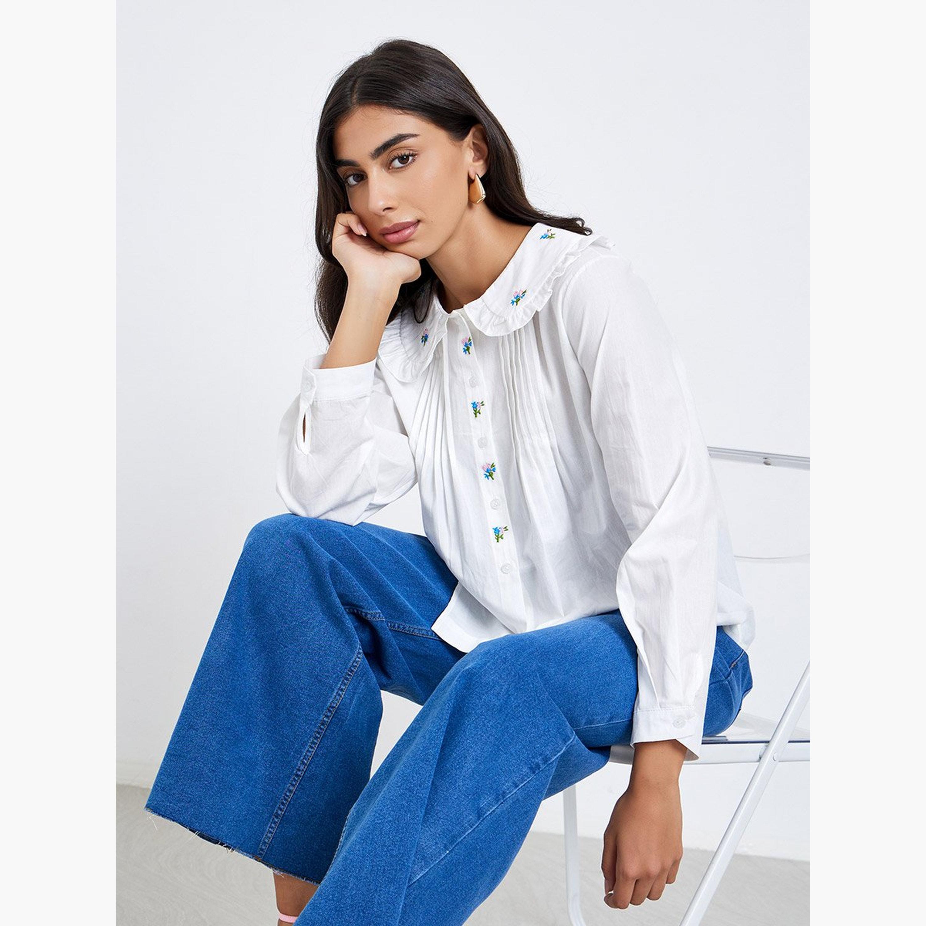 Styli White Embroidered Peter Pan Collar Shirt-women-clothing-shirtsandblouses-shirts-image-2