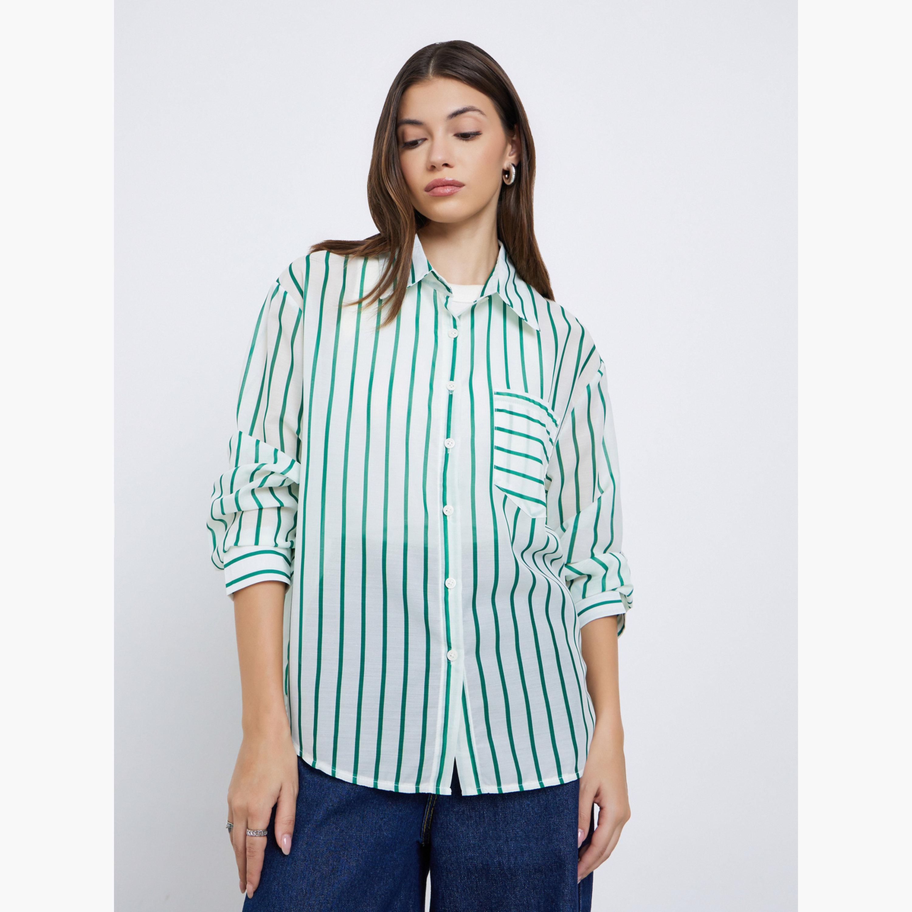 ستايلي - قميص نسائي مخطط لون أخضر بأكمام طويلة وجيب-women-clothing-shirtsandblouses-shirts-image-1