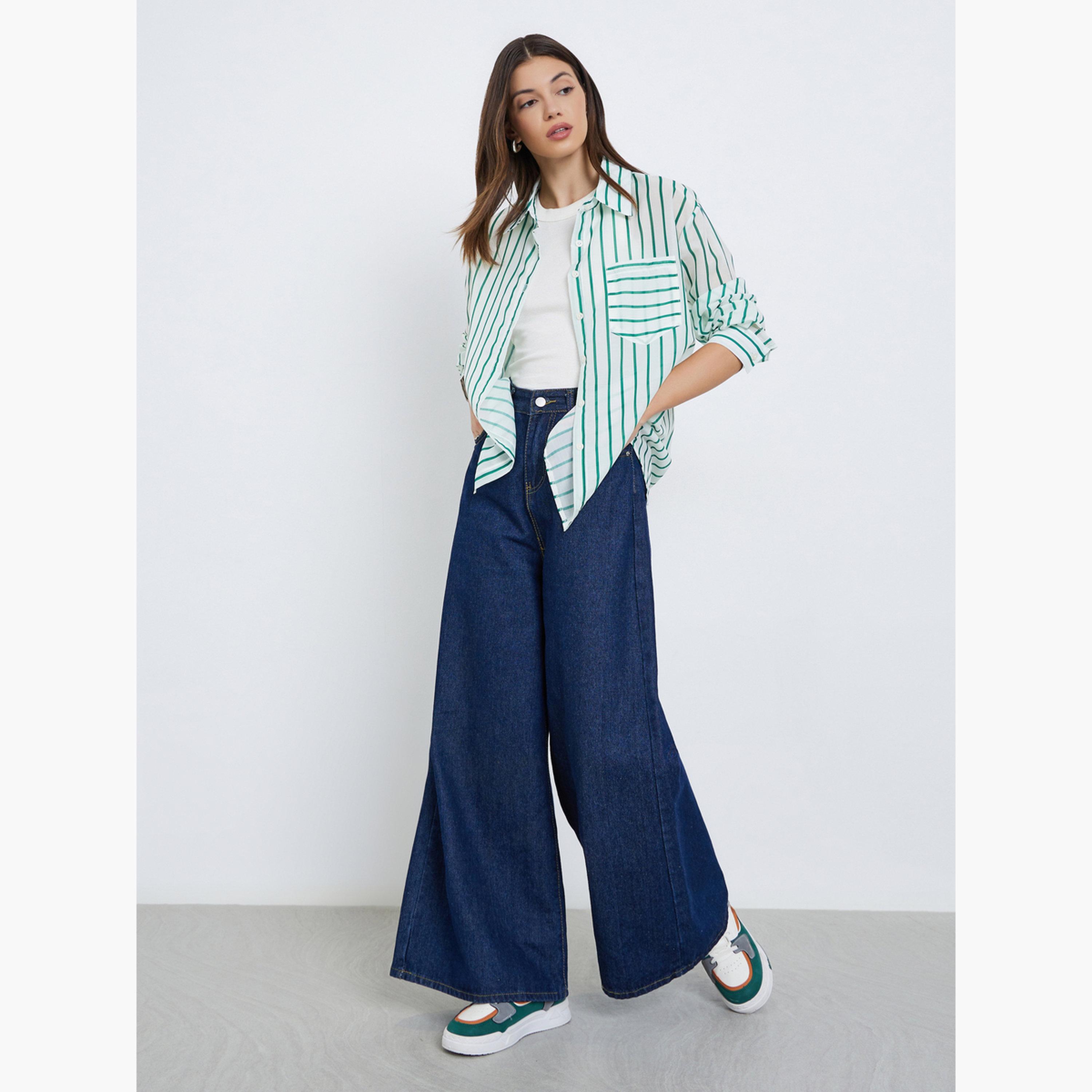 ستايلي - قميص نسائي مخطط لون أخضر بأكمام طويلة وجيب-women-clothing-shirtsandblouses-shirts-image-2
