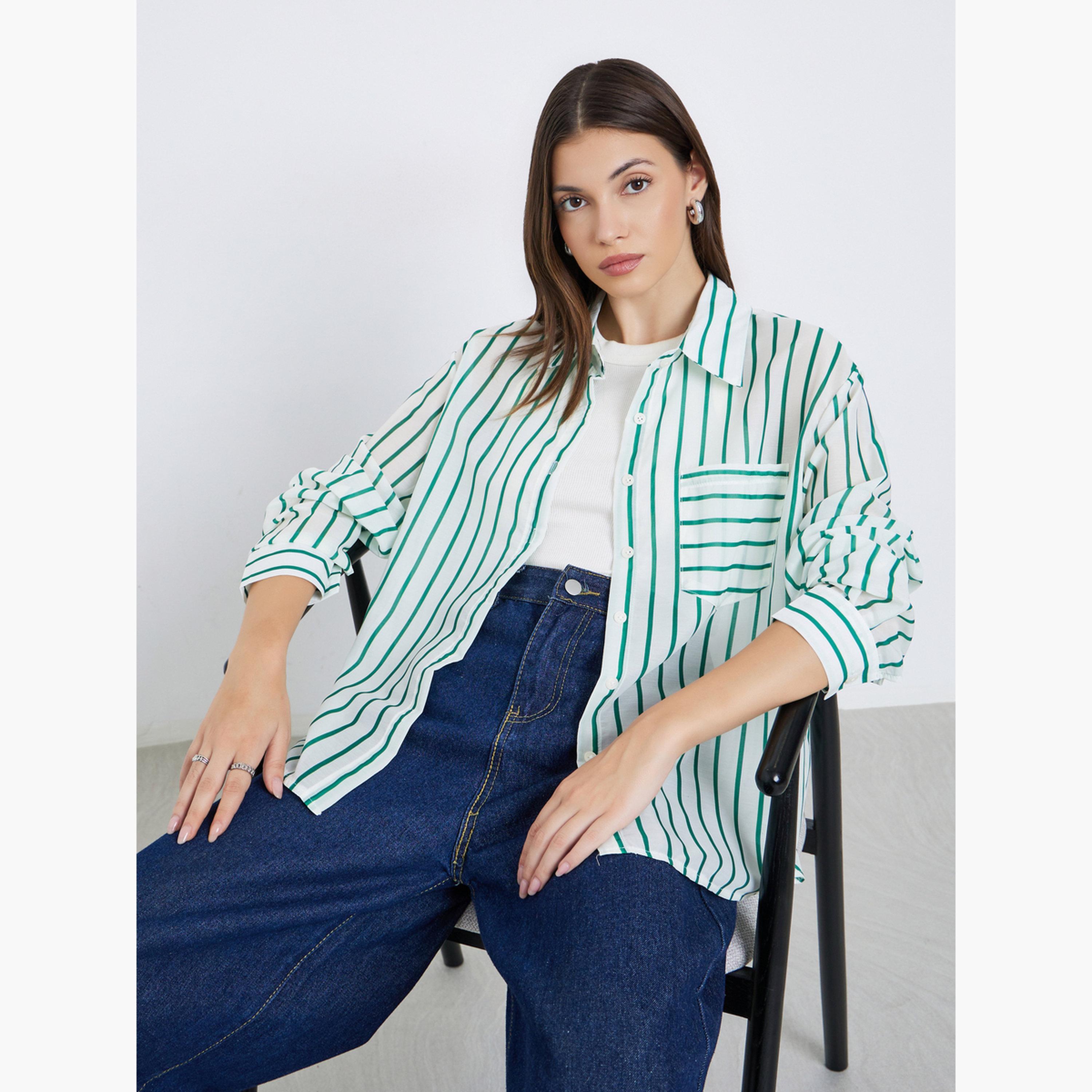 ستايلي - قميص نسائي مخطط لون أخضر بأكمام طويلة وجيب-women-clothing-shirtsandblouses-shirts-image-3