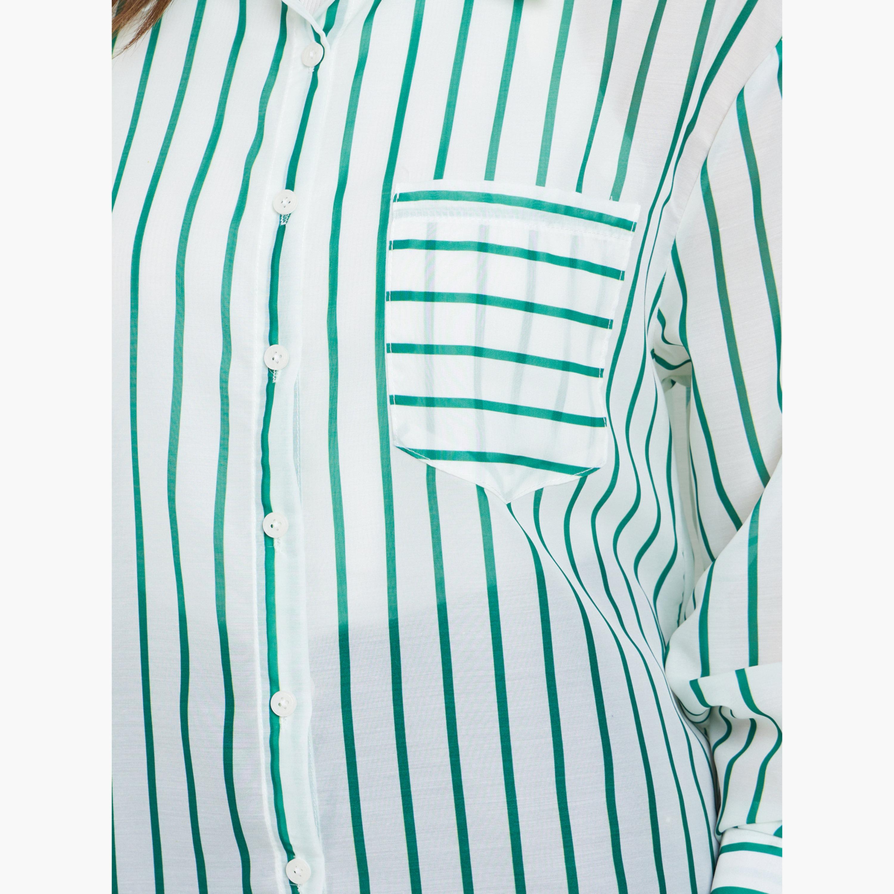 ستايلي - قميص نسائي مخطط لون أخضر بأكمام طويلة وجيب-women-clothing-shirtsandblouses-shirts-image-4