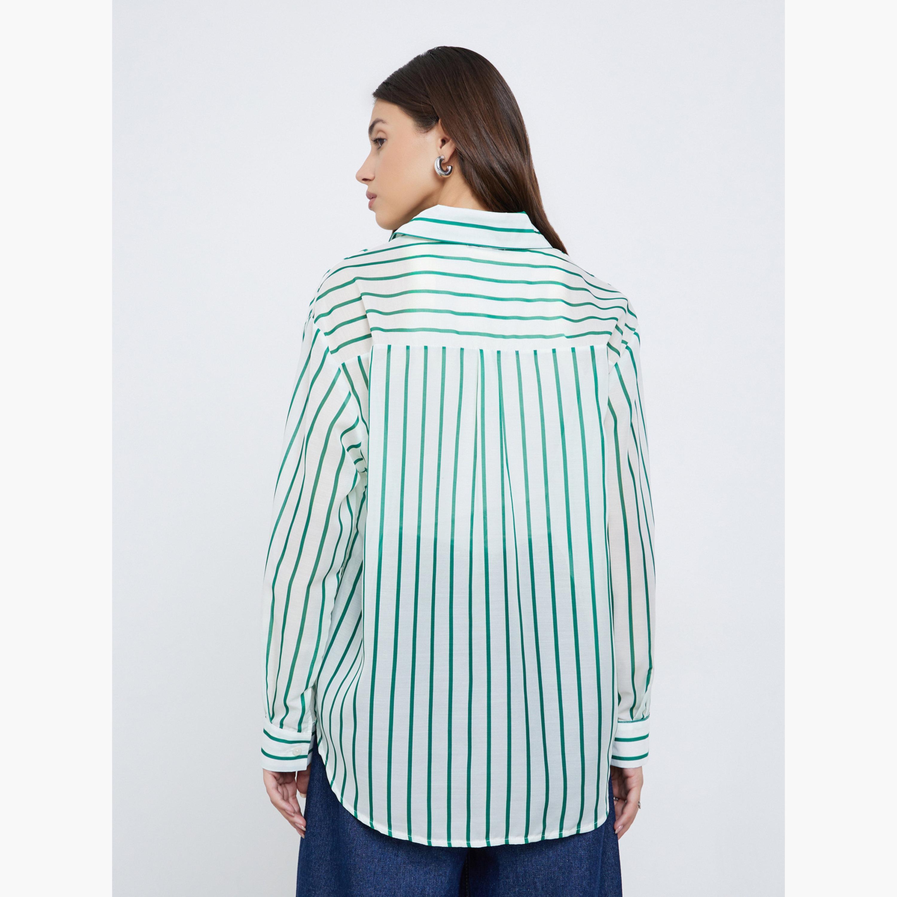 ستايلي - قميص نسائي مخطط لون أخضر بأكمام طويلة وجيب-women-clothing-shirtsandblouses-shirts-image-5