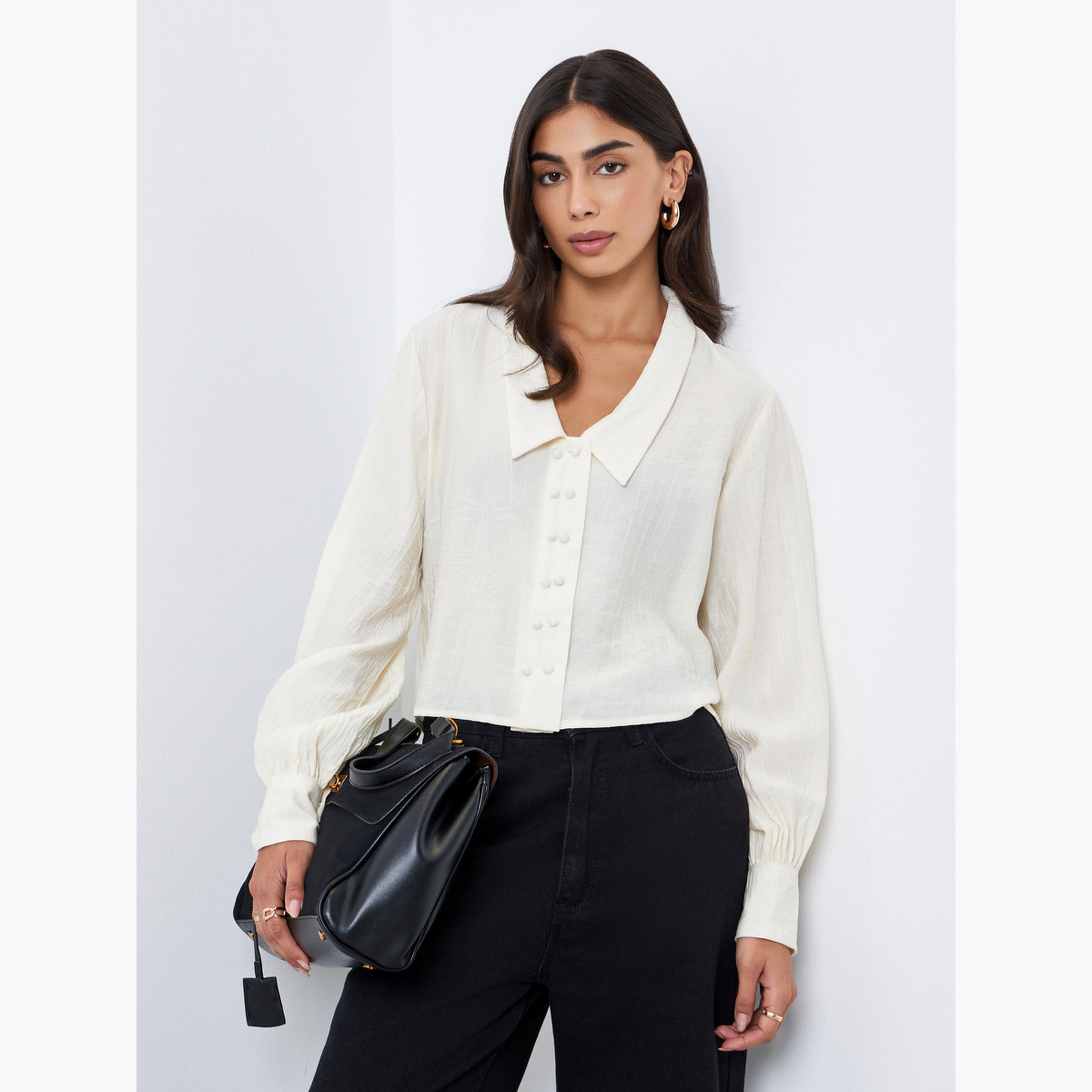 Styli Women Cream Crop Shirt with Double Button Placket-women-clothing-shirtsandblouses-shirts-image-1