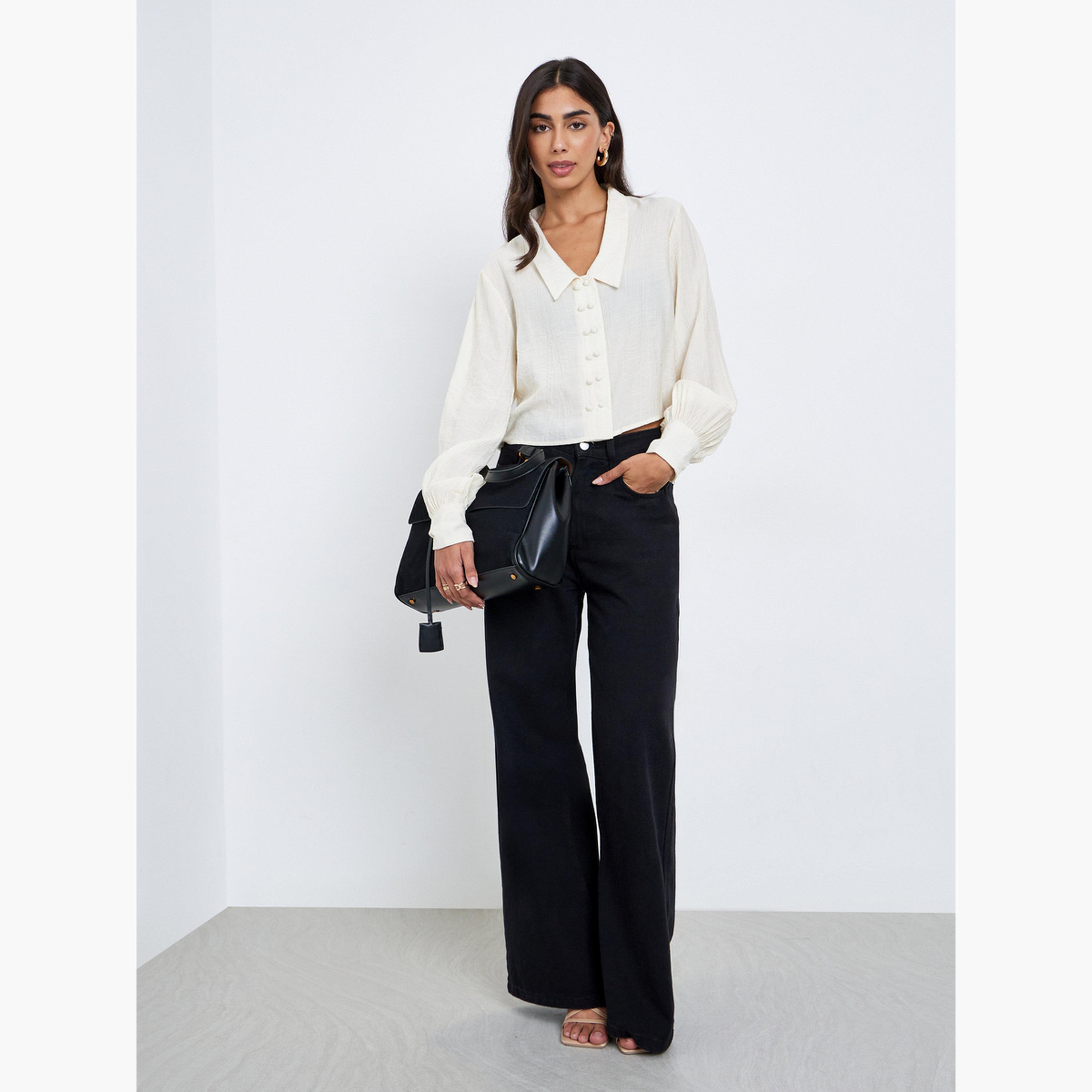 Styli Women Cream Crop Shirt with Double Button Placket-women-clothing-shirtsandblouses-shirts-image-2