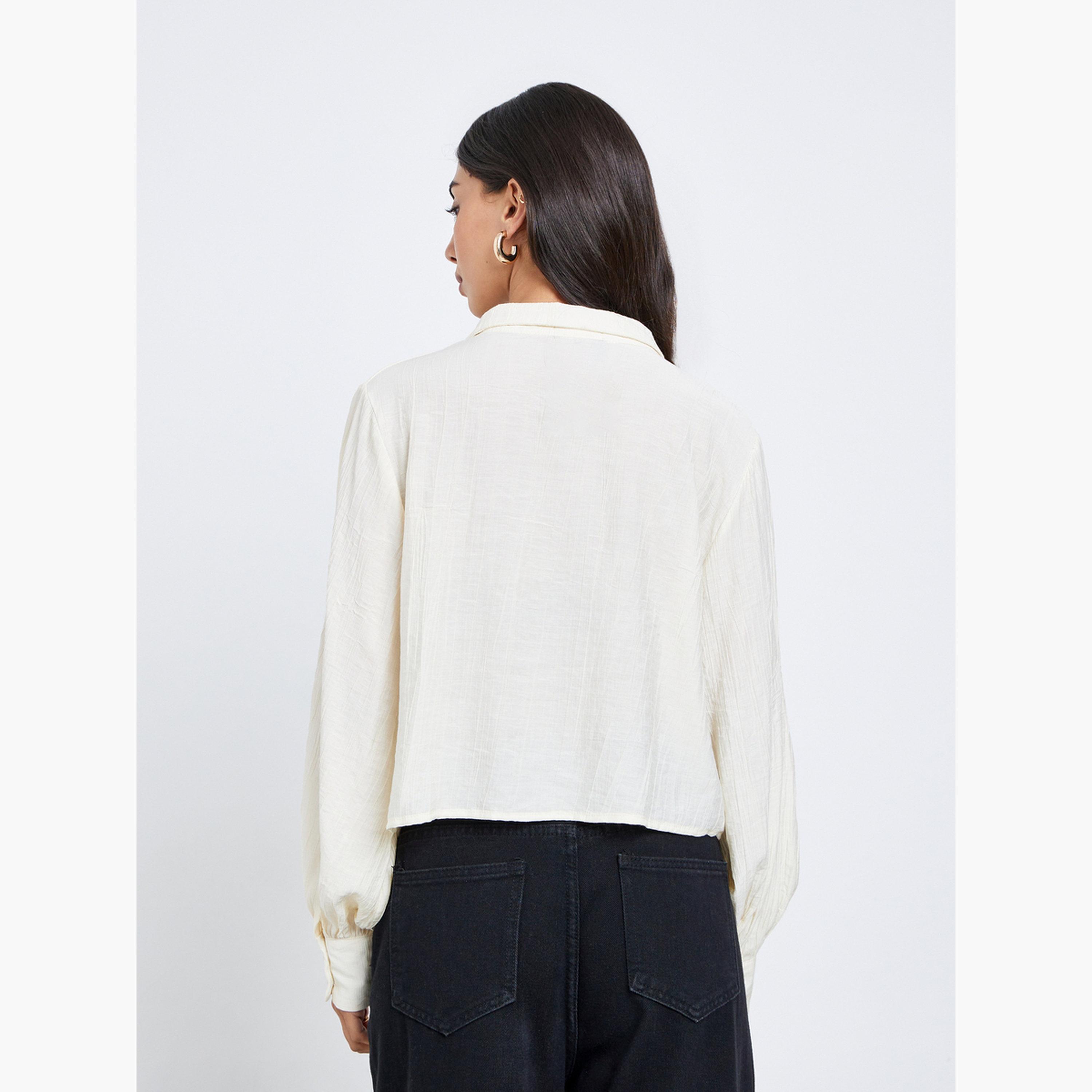 Styli Women Cream Crop Shirt with Double Button Placket-women-clothing-shirtsandblouses-shirts-image-4