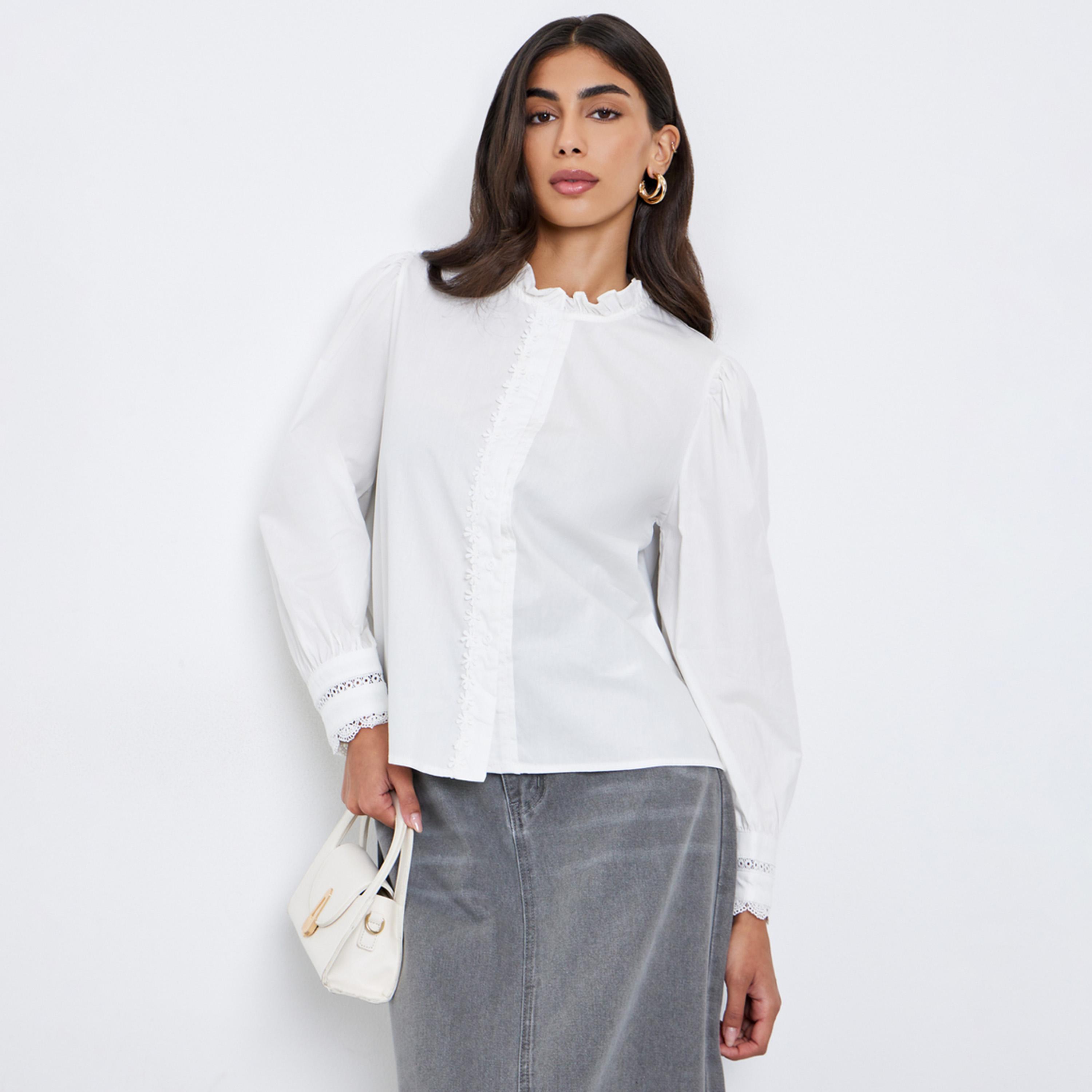 Styli Women White Ruffle Trim Long Sleeve Shirt-women-clothing-shirtsandblouses-shirts-image-1