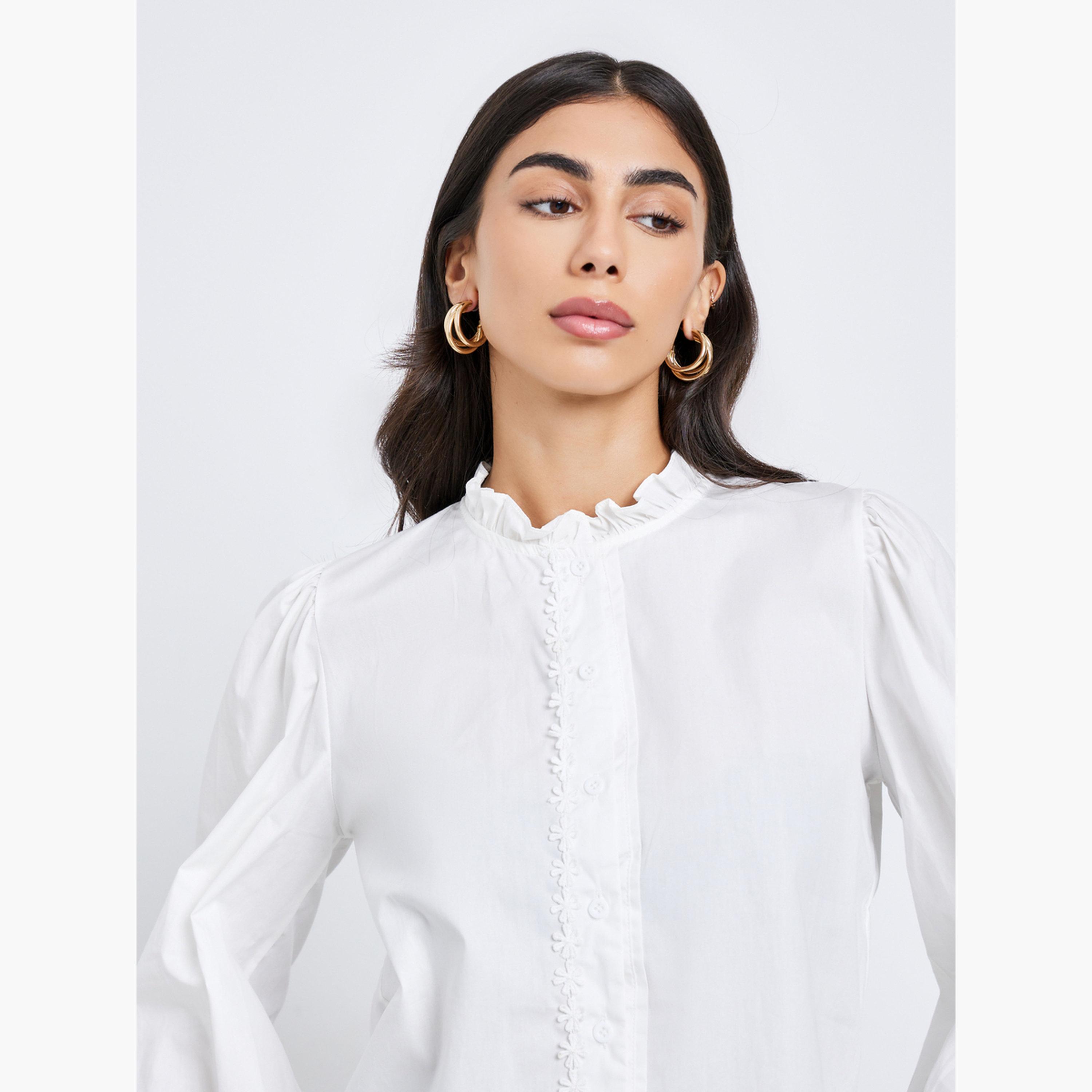 ستايلي - قميص نسائي أبيض بأكمام طويلة وحواف مكشكشة-women-clothing-shirtsandblouses-shirts-image-3