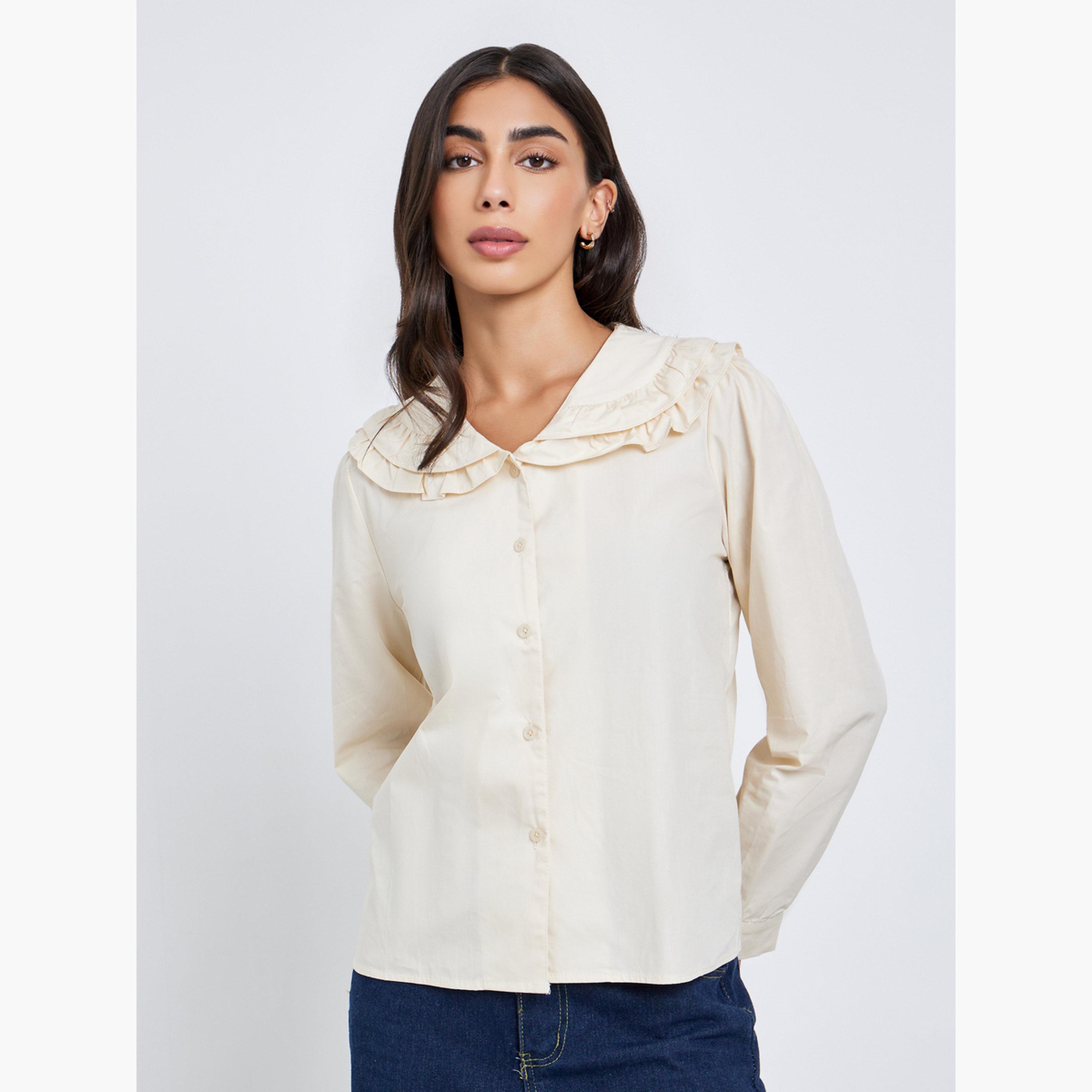 Styli Women Beige Ruffle Peter Pan Collar Shirt-women-clothing-shirtsandblouses-shirts-image-1