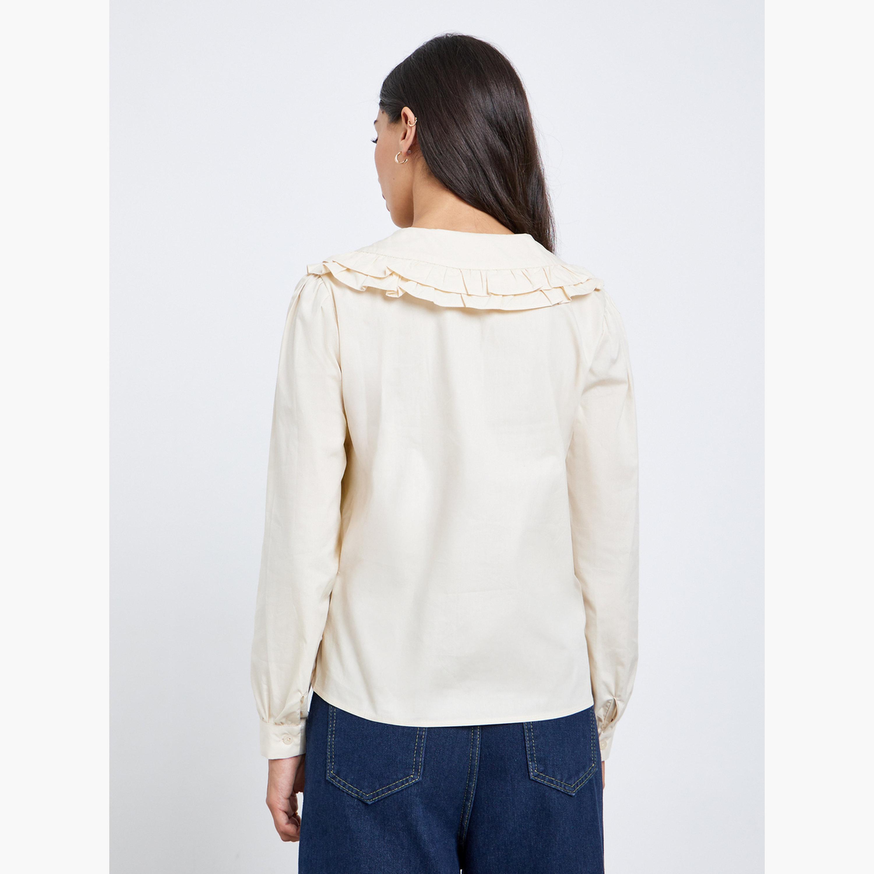ستايلي - قميص بيج بكشكشة وياقة بيتر بان للنساء-women-clothing-shirtsandblouses-shirts-image-4