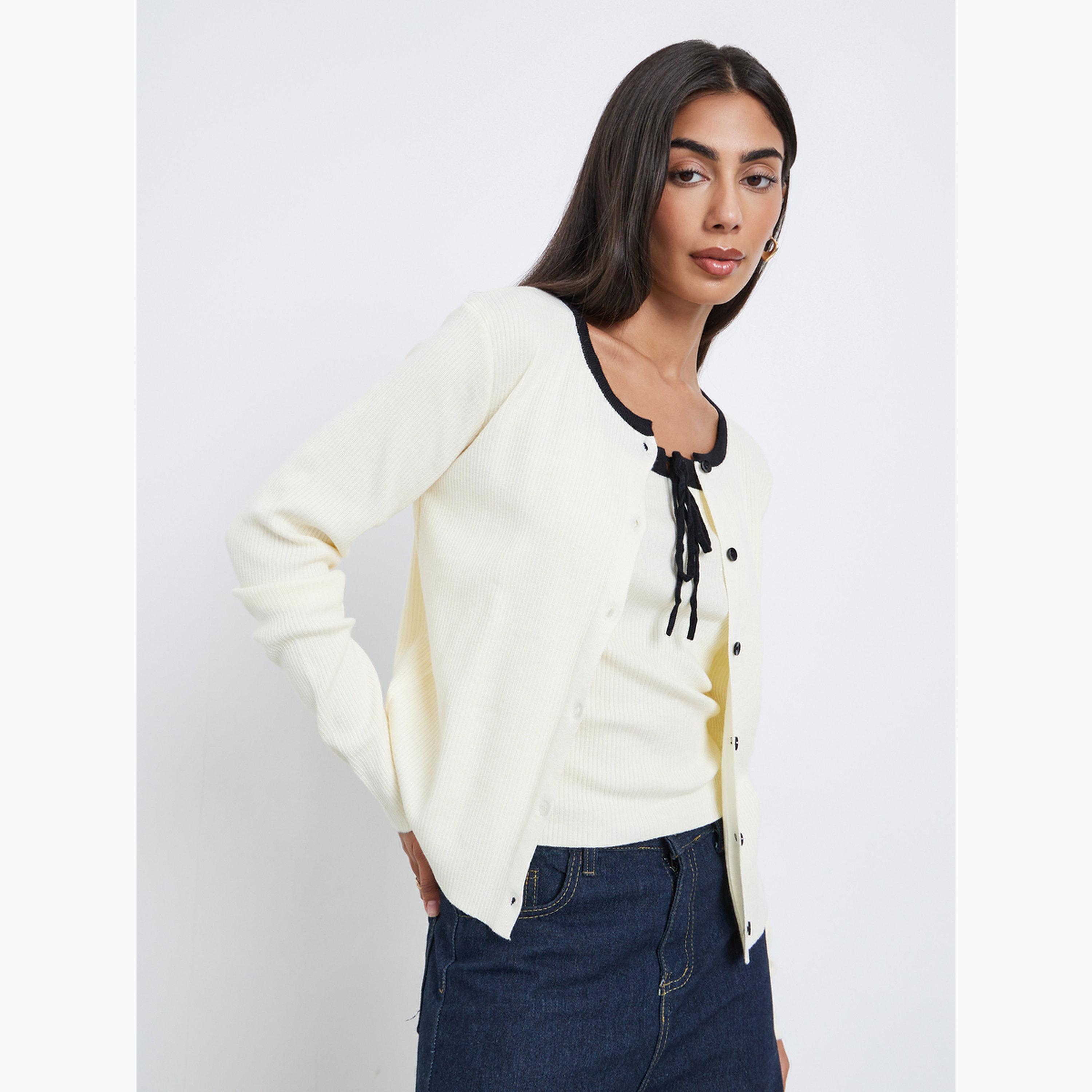 Styli 2-Piece Ribbed Knit Round Neck Long Sleeves Women's Buttoned Cardigan with Cami-women-winterwear-cardigansandjumpers-cardigans-image-1