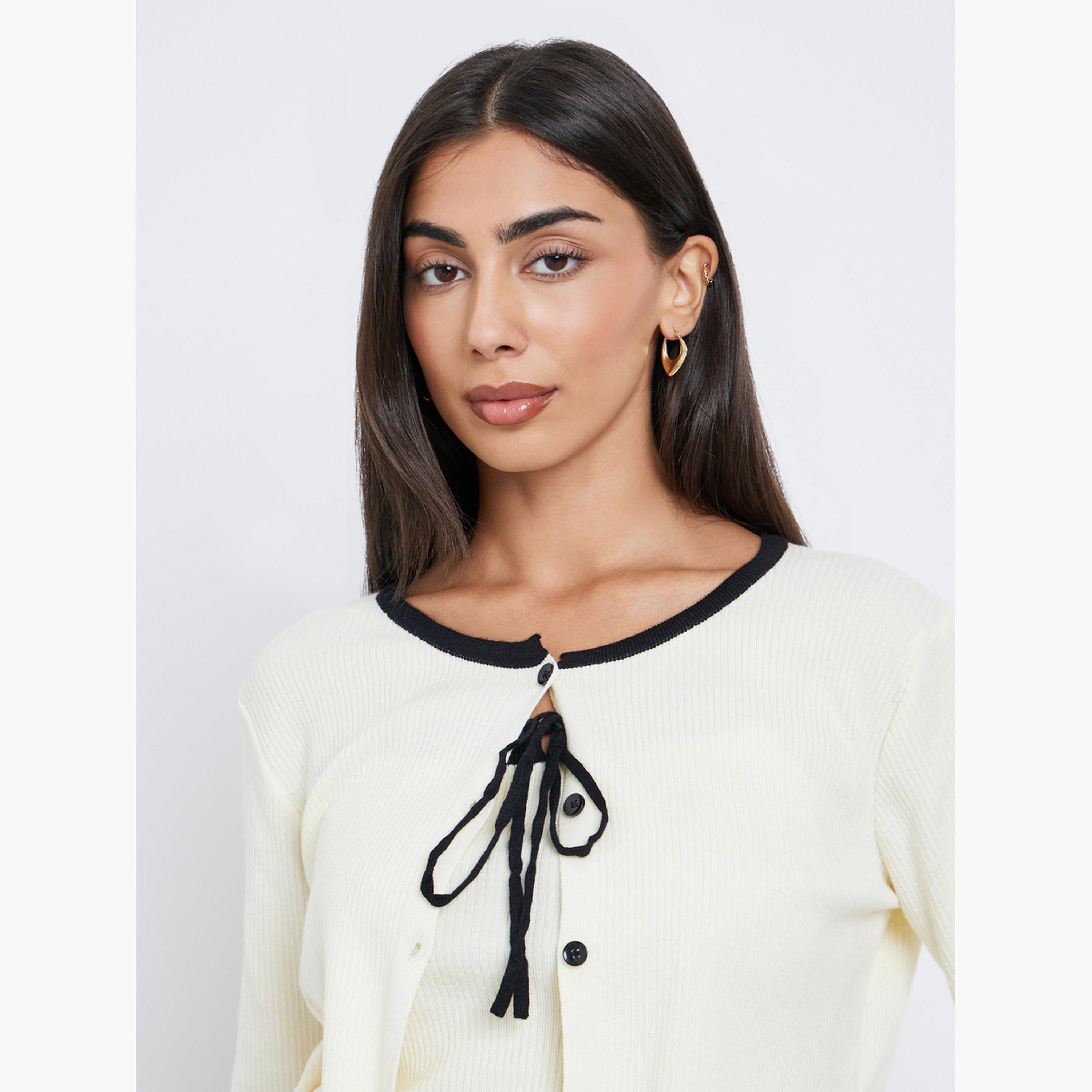 Styli 2-Piece Ribbed Knit Round Neck Long Sleeves Women's Buttoned Cardigan with Cami-women-winterwear-cardigansandjumpers-cardigans-image-4