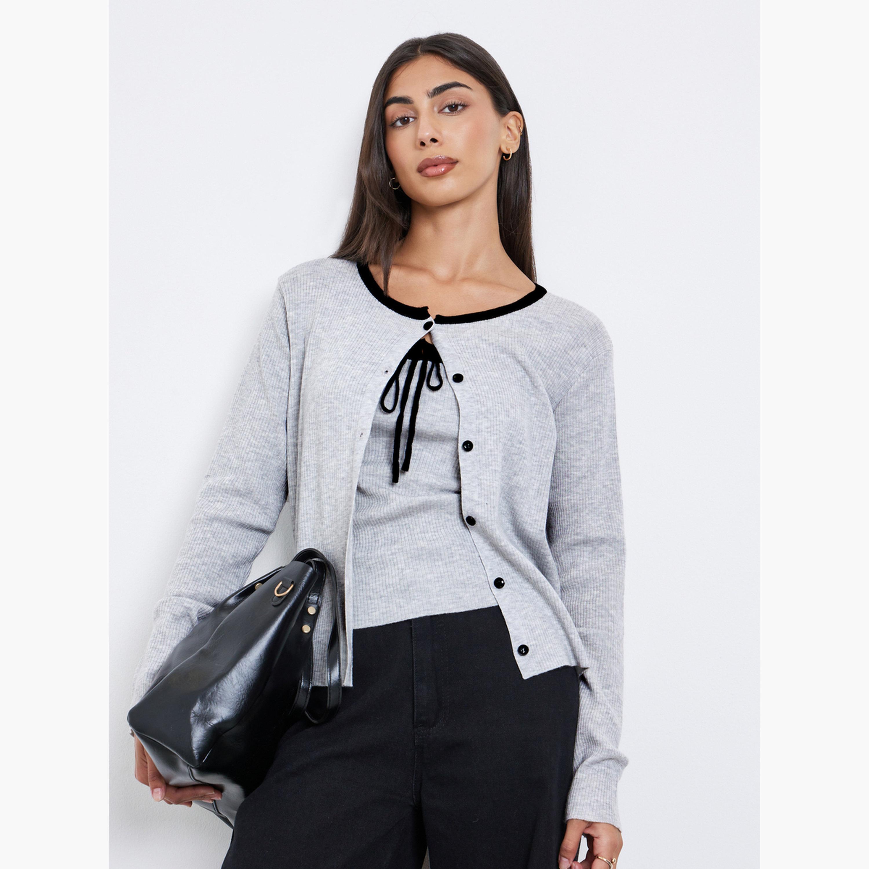 ستايلي - كارديغان محبوك مضلع من قطعتين مع توب للنساء -women-winterwear-cardigansandjumpers-cardigans-image-1