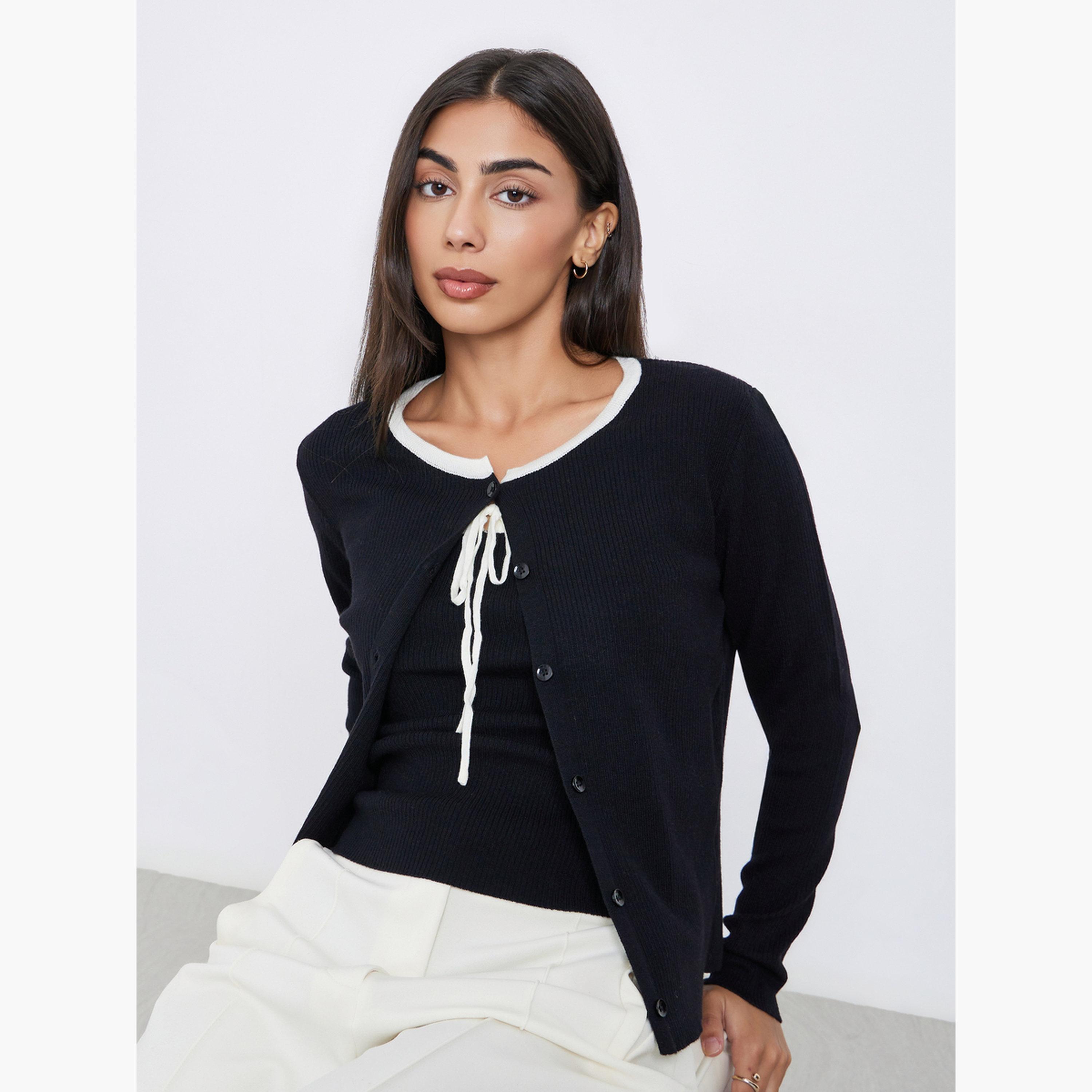 ستايلي - طقم قطعتين كارديغان محبوك مضلع مع توب-women-winterwear-cardigansandjumpers-jumpers-image-3
