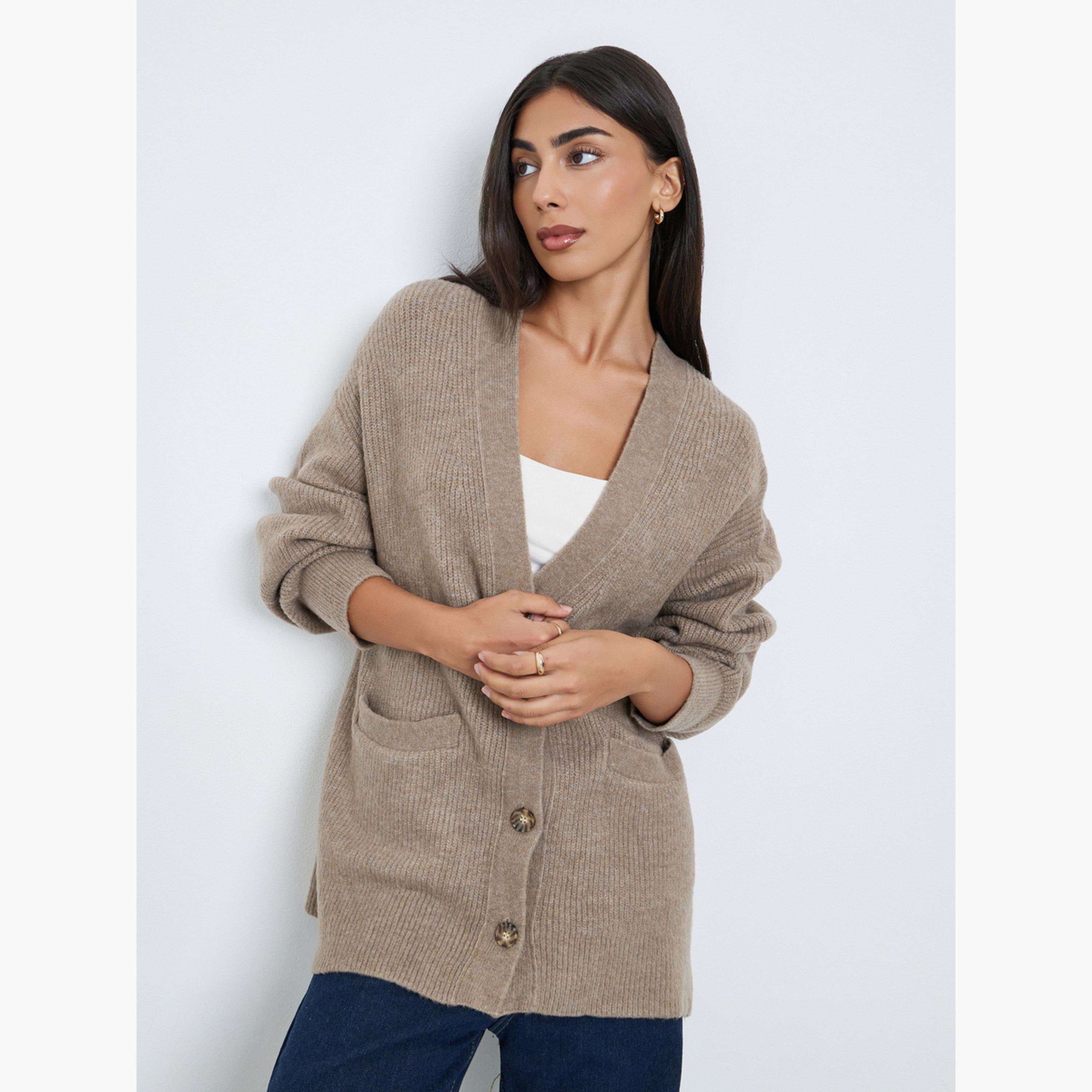 ستايلي - كارديغان طويل مضلع باللون البيج بفتحة رقبة على شكل حرف V للنساء -women-winterwear-cardigansandjumpers-cardigans-image-1