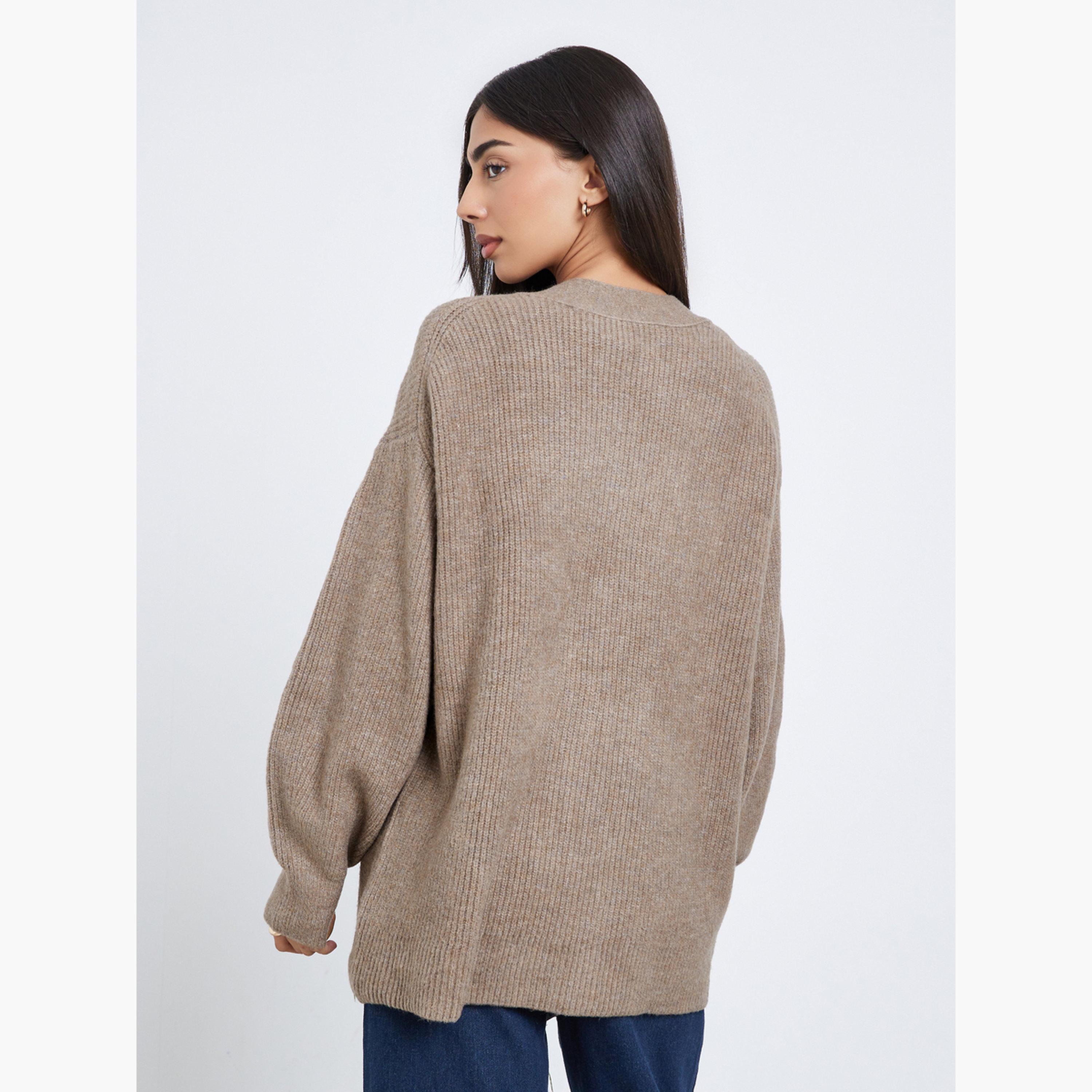 ستايلي - كارديغان طويل مضلع باللون البيج بفتحة رقبة على شكل حرف V للنساء -women-winterwear-cardigansandjumpers-cardigans-image-4