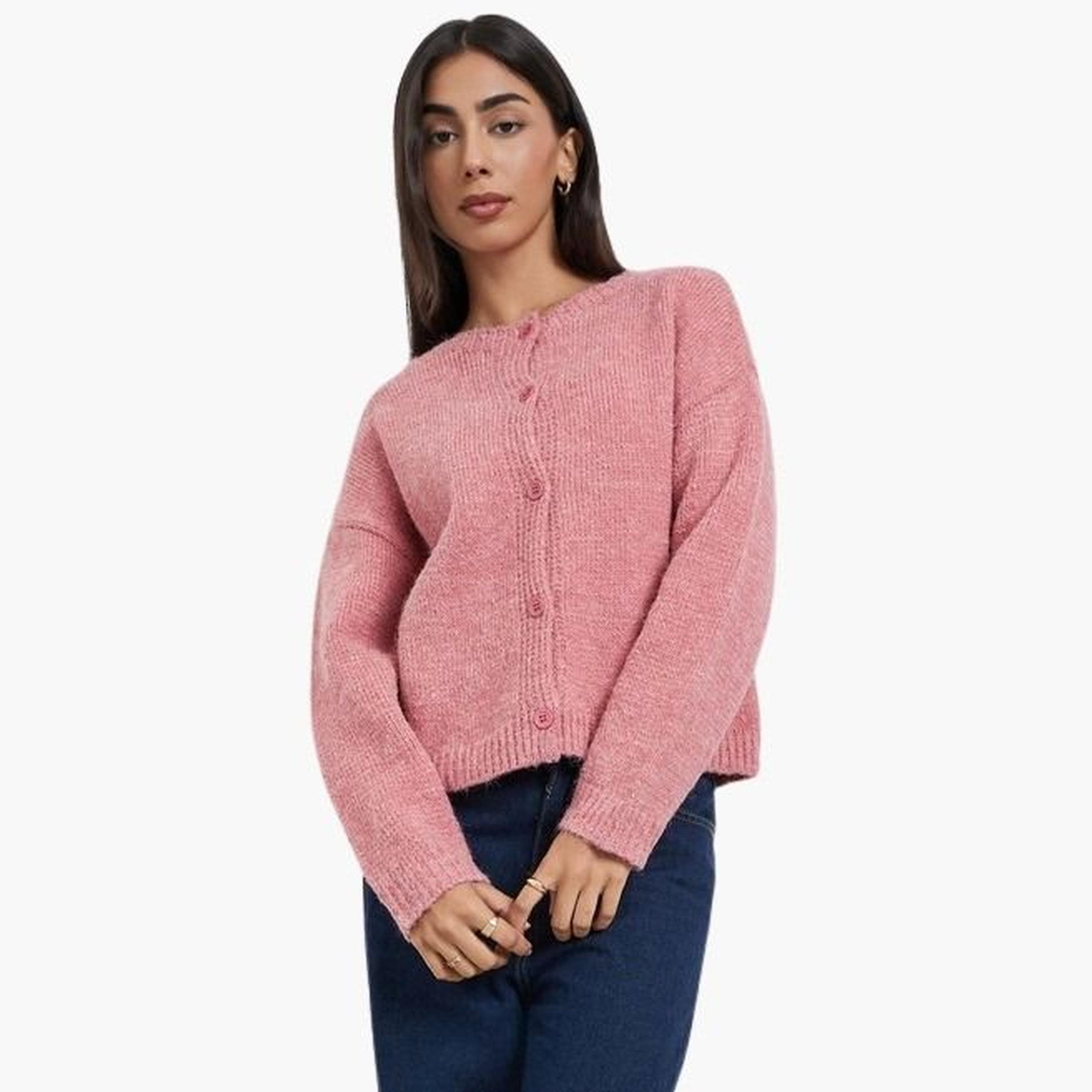 Styli Pink Knitted Round Neck Long Sleeves Women's Front Button Cardigan-women-winterwear-cardigansandjumpers-cardigans-image-1