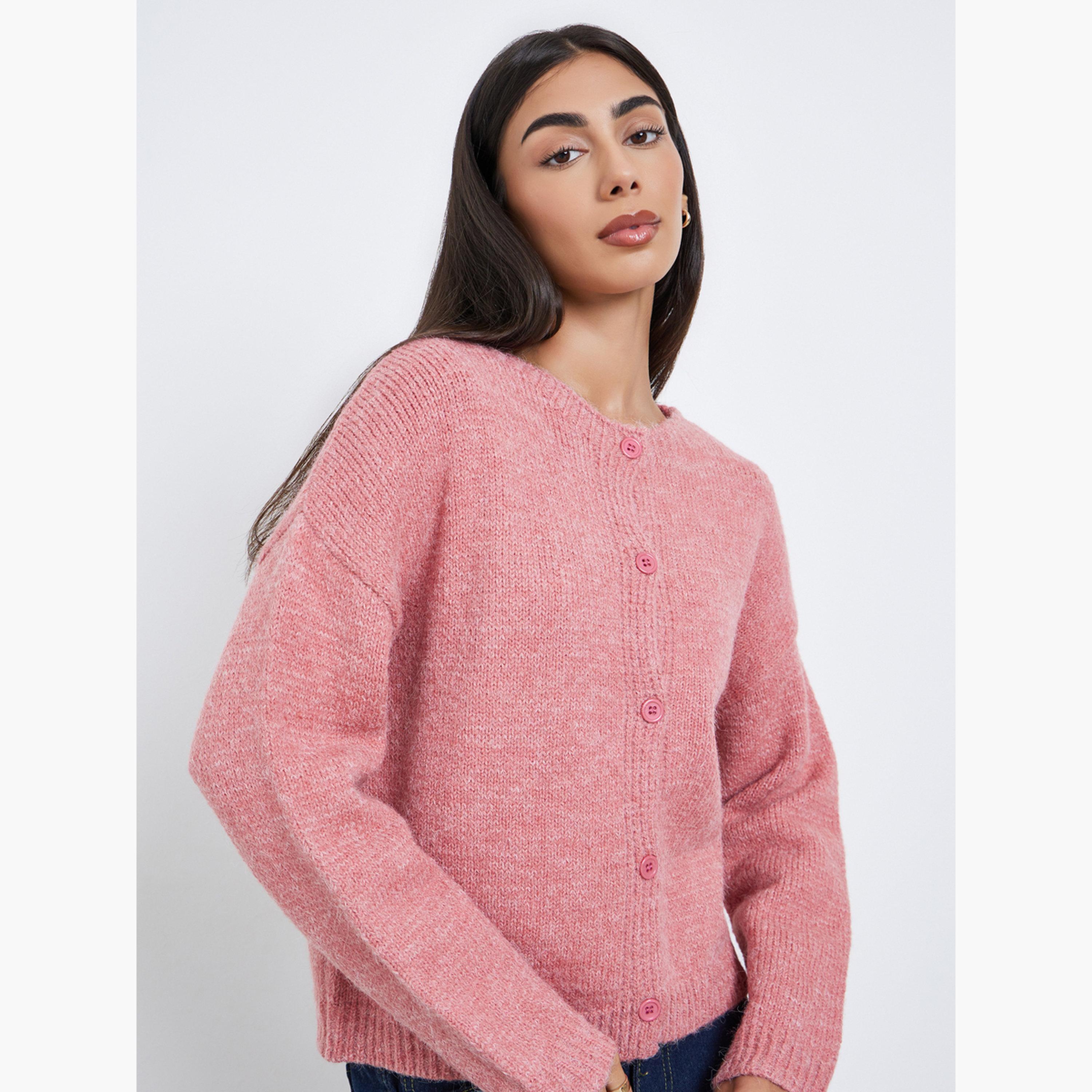 Styli Pink Knitted Round Neck Long Sleeves Women's Front Button Cardigan-women-winterwear-cardigansandjumpers-cardigans-image-2