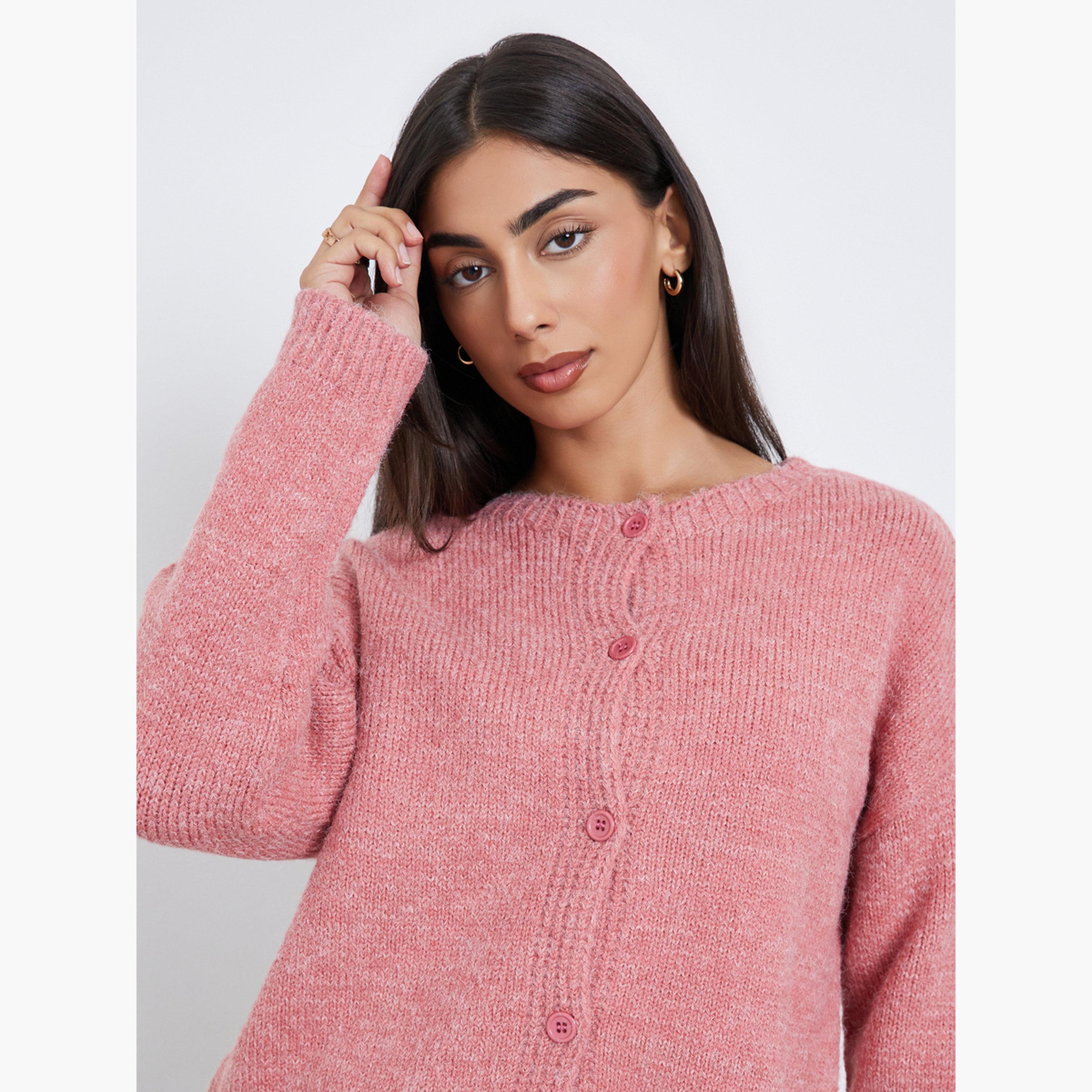 Styli Pink Knitted Round Neck Long Sleeves Women's Front Button Cardigan-women-winterwear-cardigansandjumpers-cardigans-image-3