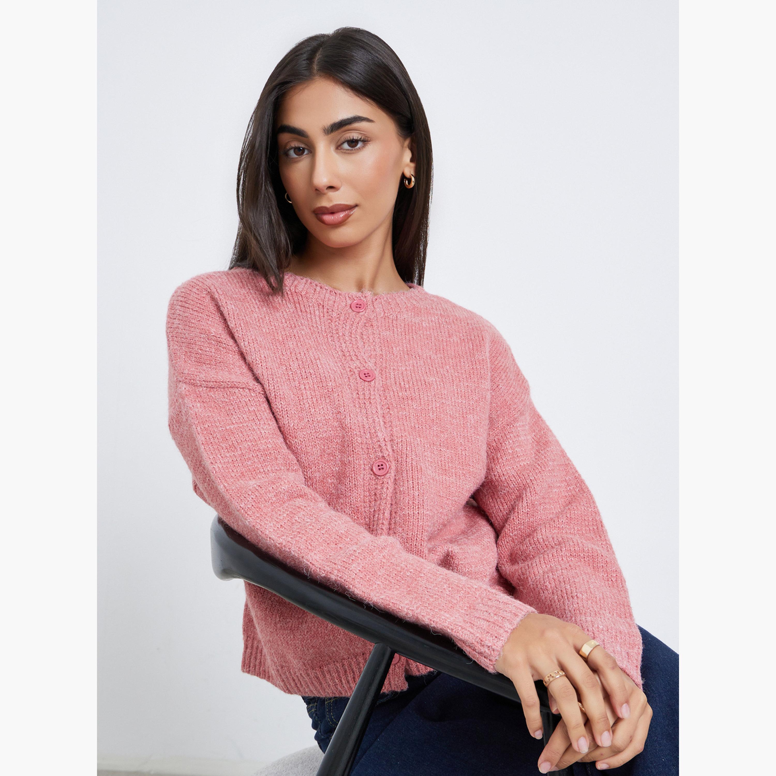 Styli Pink Knitted Round Neck Long Sleeves Women's Front Button Cardigan-women-winterwear-cardigansandjumpers-cardigans-image-4