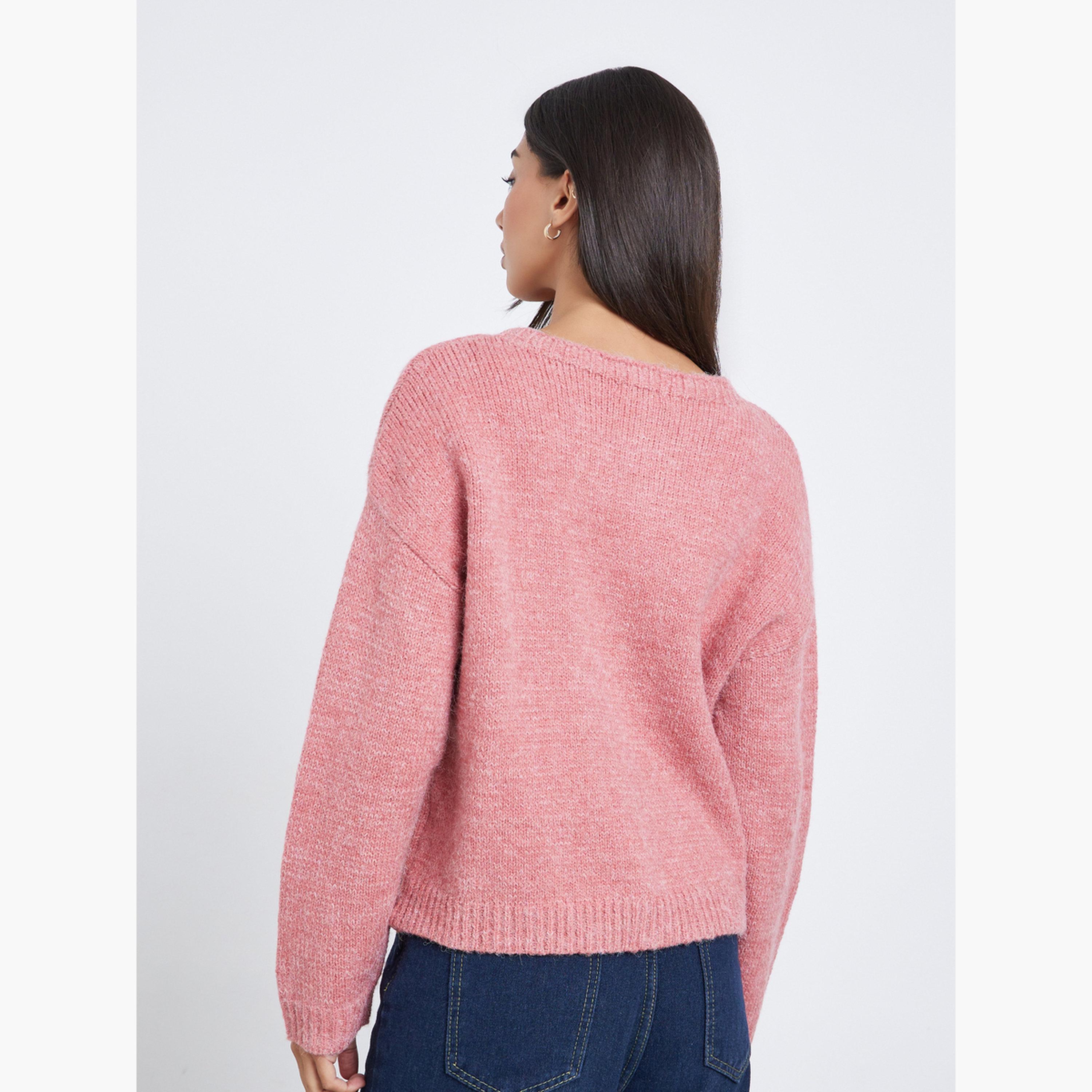 Styli Pink Knitted Round Neck Long Sleeves Women's Front Button Cardigan-women-winterwear-cardigansandjumpers-cardigans-image-5