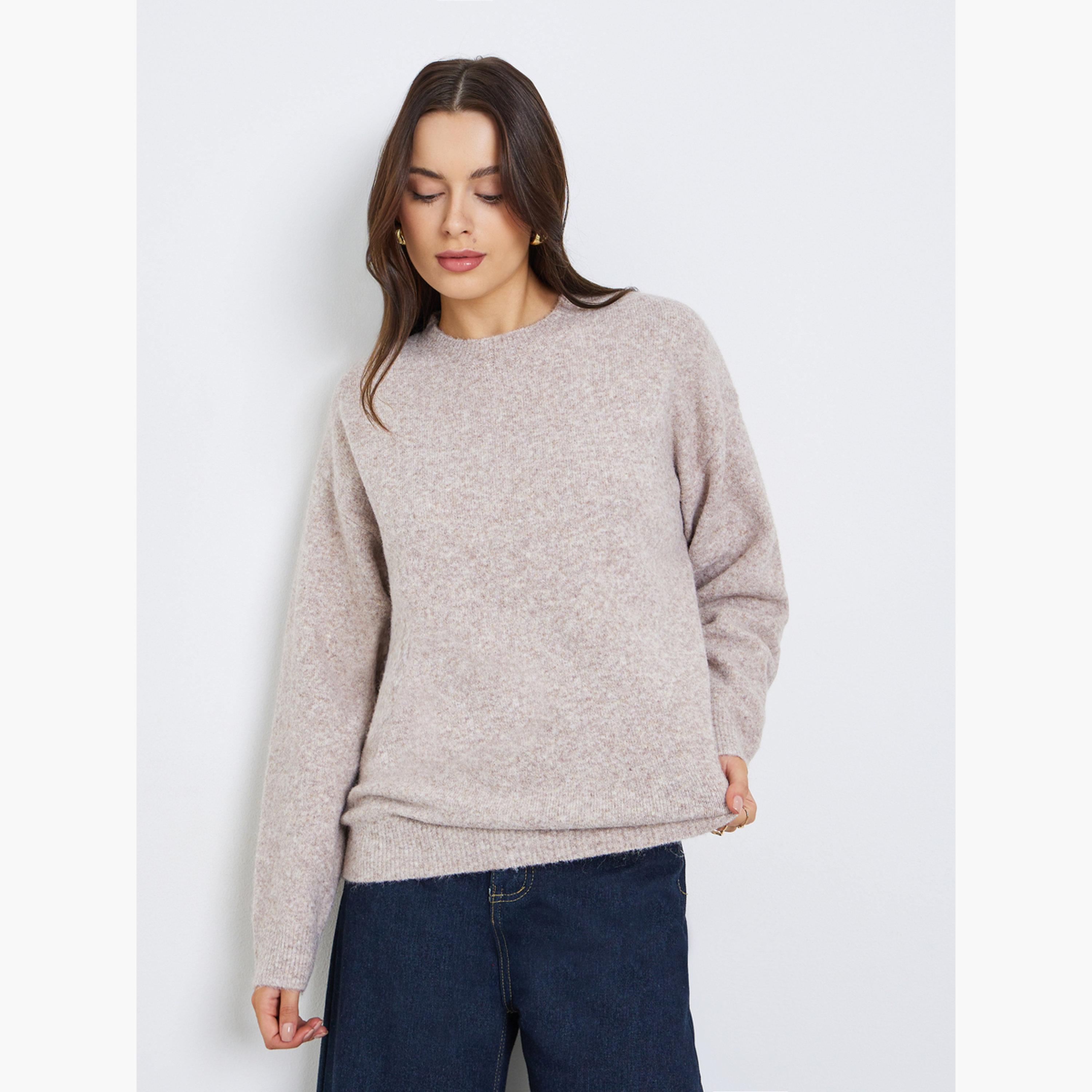 Styli Solid Regular Fit Round Neck Long Sleeves Regular Length Women's Sweater with Scarf-women-clothing-hoodiesandsweatshirts-sweatshirts-image-1