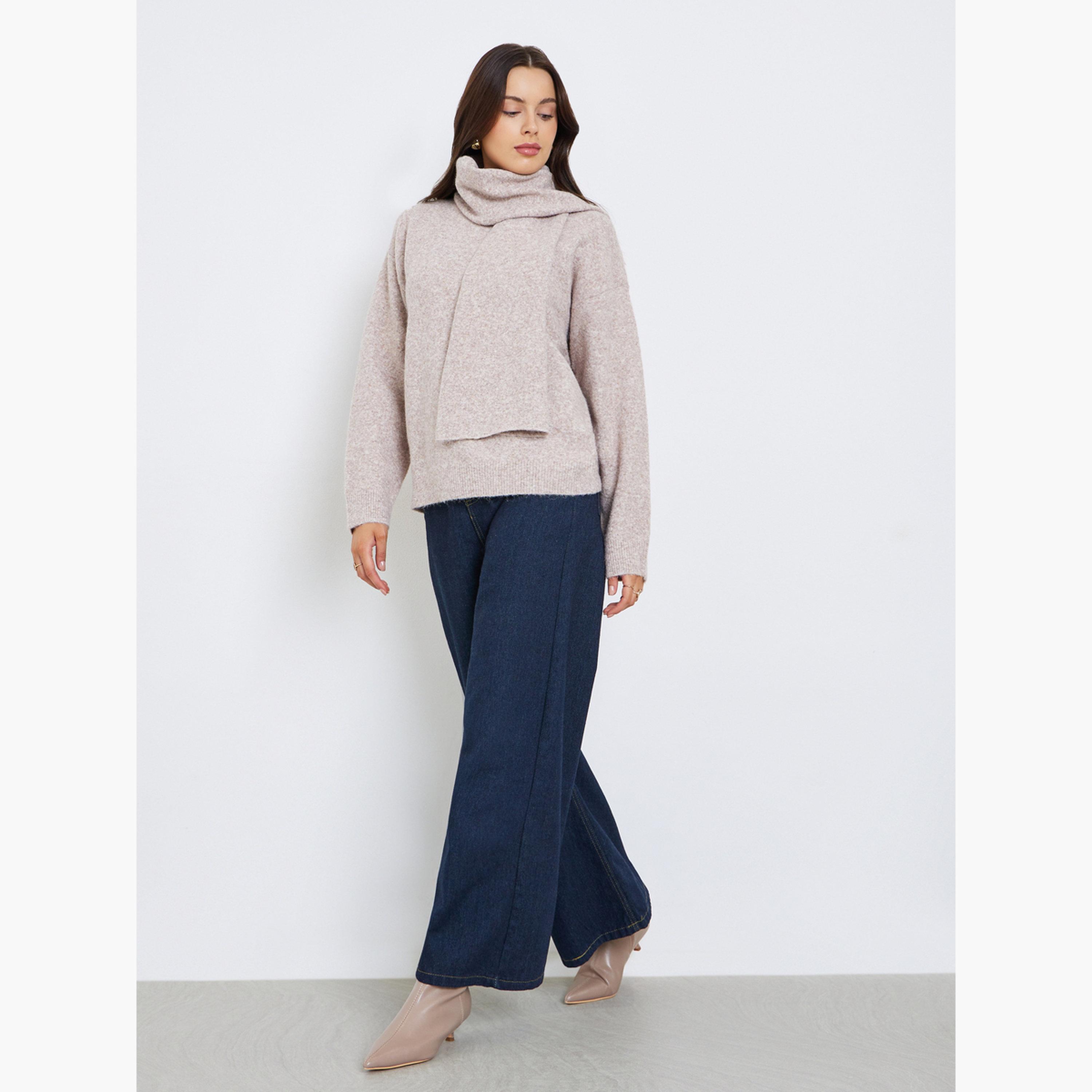 Styli Solid Regular Fit Round Neck Long Sleeves Regular Length Women's Sweater with Scarf-women-clothing-hoodiesandsweatshirts-sweatshirts-image-2