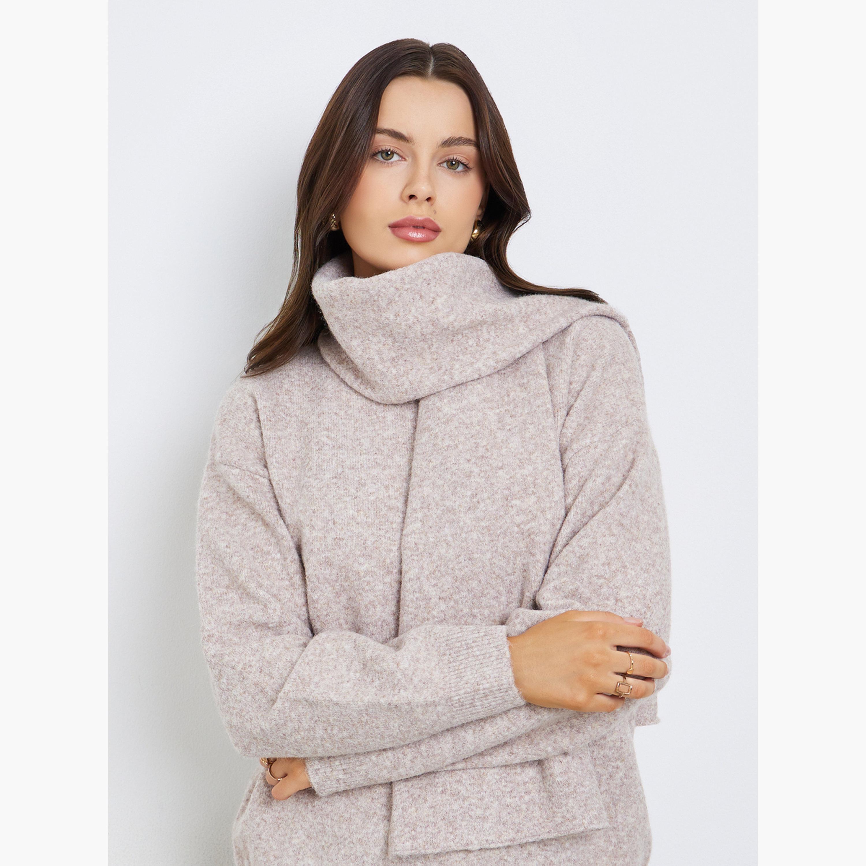 Styli Solid Regular Fit Round Neck Long Sleeves Regular Length Women's Sweater with Scarf-women-clothing-hoodiesandsweatshirts-sweatshirts-image-3