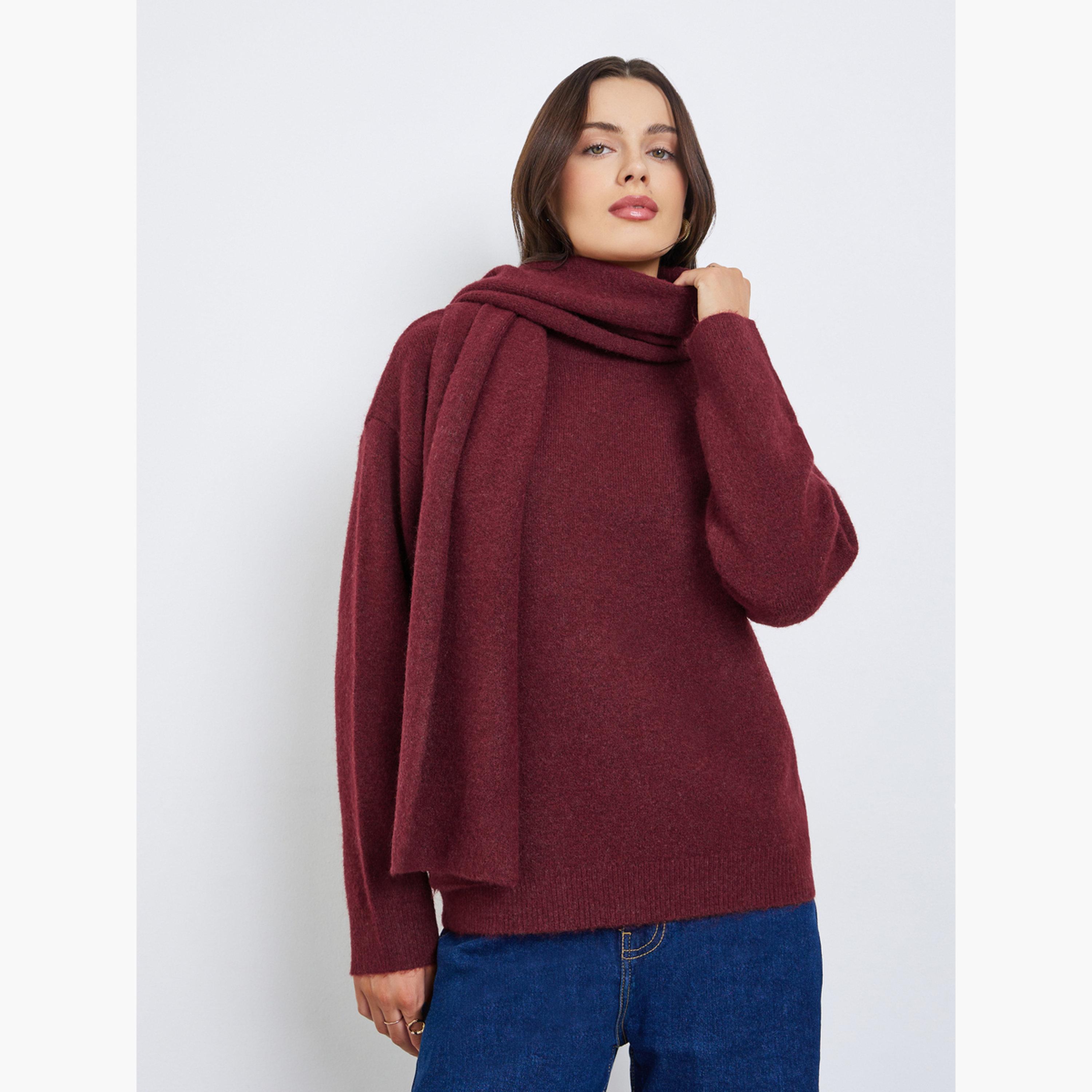 ستايلي - سترة نسائية سادة ذات قصة عادية رقبة دائرية وأكمام طويلة وطول عادي مع وشاح-women-winterwear-hoodiesandsweatshirts-sweatshirts-image-1