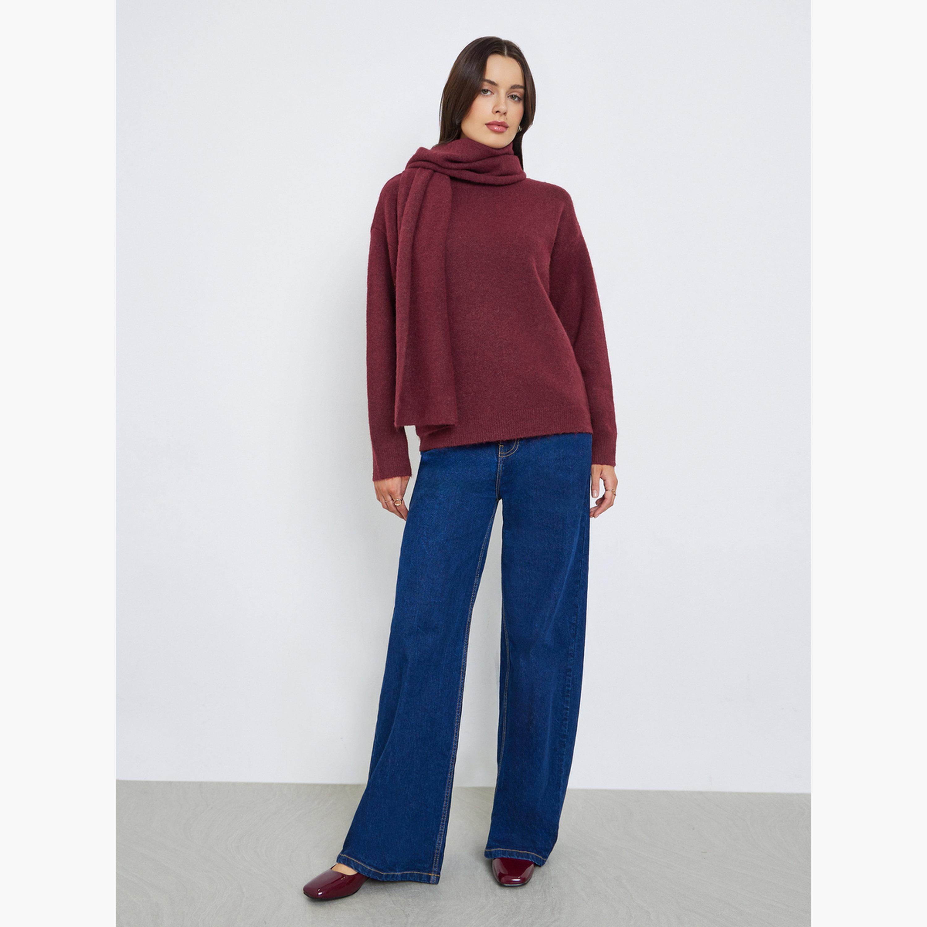 ستايلي - سترة نسائية سادة ذات قصة عادية رقبة دائرية وأكمام طويلة وطول عادي مع وشاح-women-winterwear-hoodiesandsweatshirts-sweatshirts-image-2
