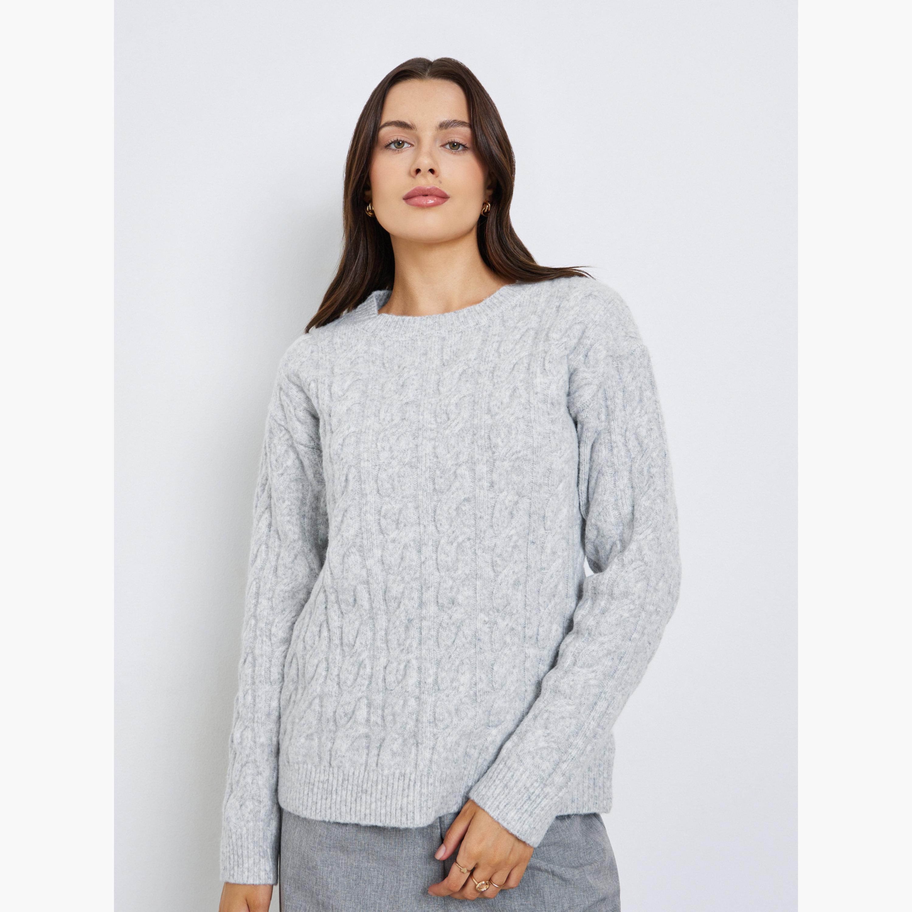 Styli Mixed Yarn Cable Knit Regular Fit Round Neck Long Sleeves Women's Sweater-women-winterwear-cardigansandjumpers-jumpers-image-1