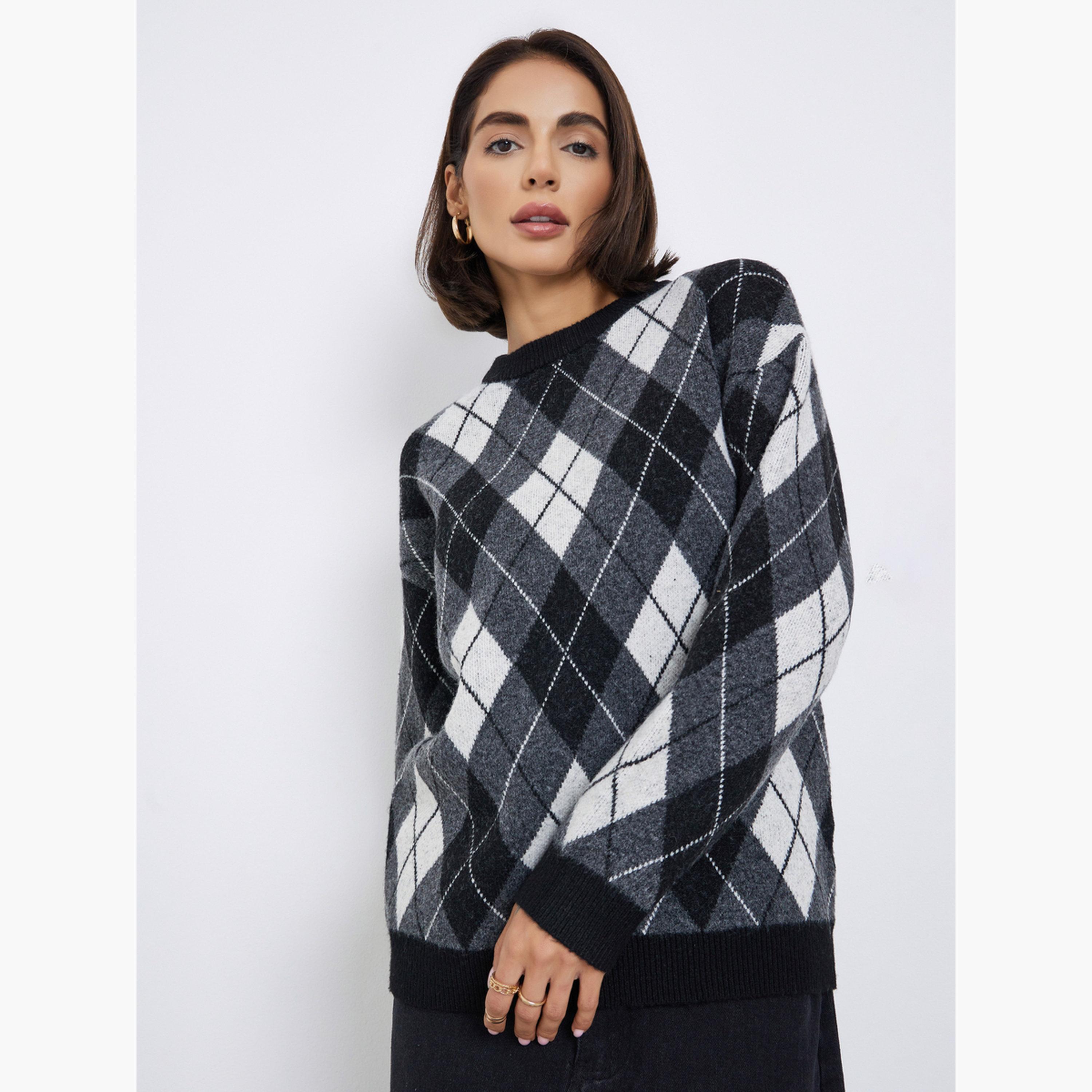 Styli Argyle Pattern Oversized Round Neck Long Sleeves Women's Sweater-women-clothing-cardigansandjumpers-jumpers-image-1