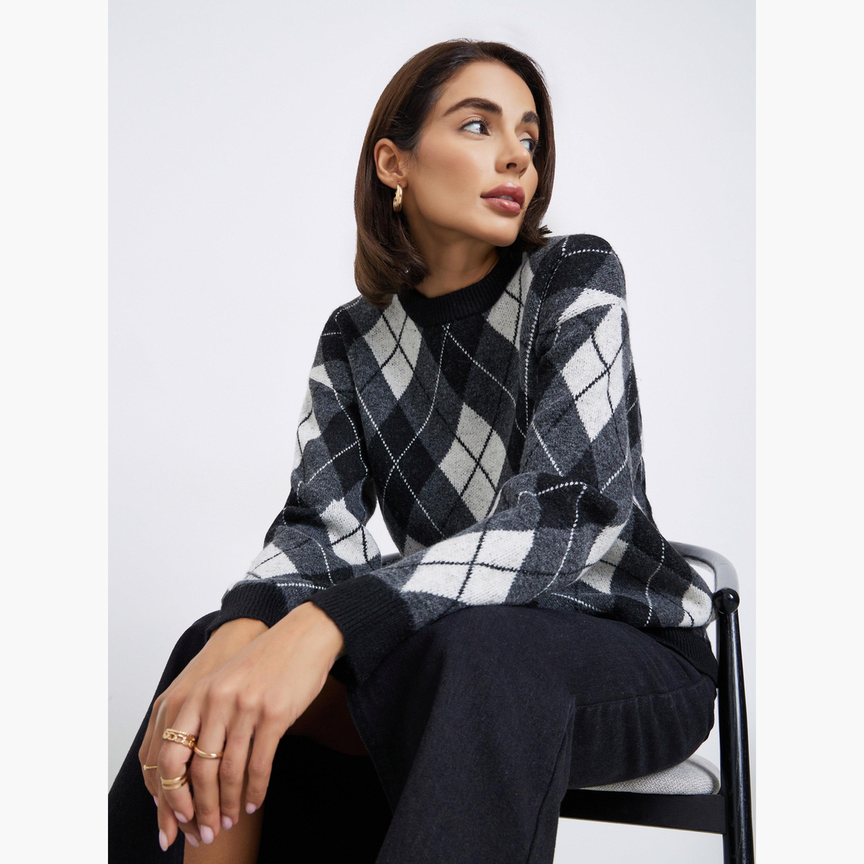 Styli Argyle Pattern Oversized Round Neck Long Sleeves Women's Sweater-women-clothing-cardigansandjumpers-jumpers-image-3