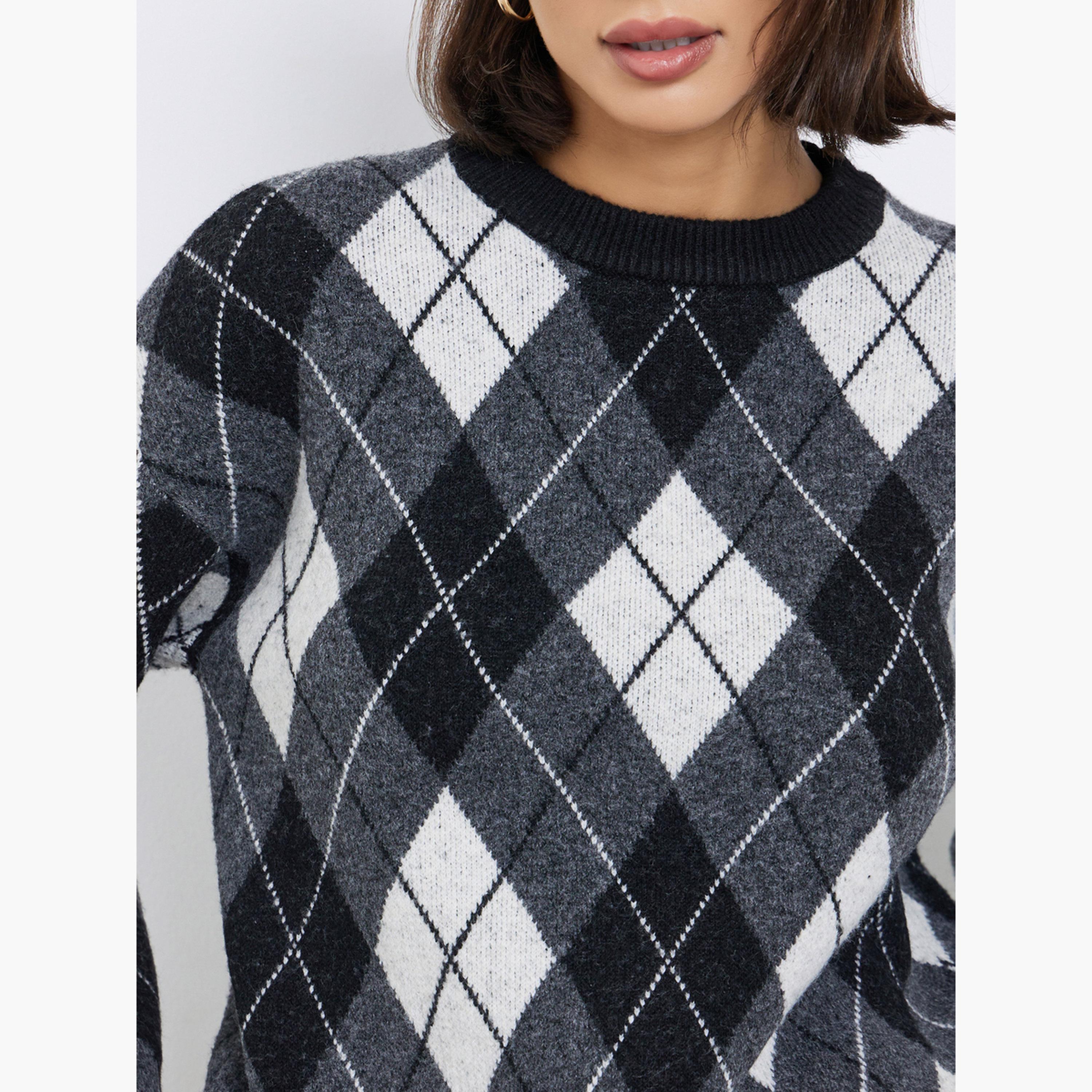 Styli Argyle Pattern Oversized Round Neck Long Sleeves Women's Sweater-women-clothing-cardigansandjumpers-jumpers-image-4