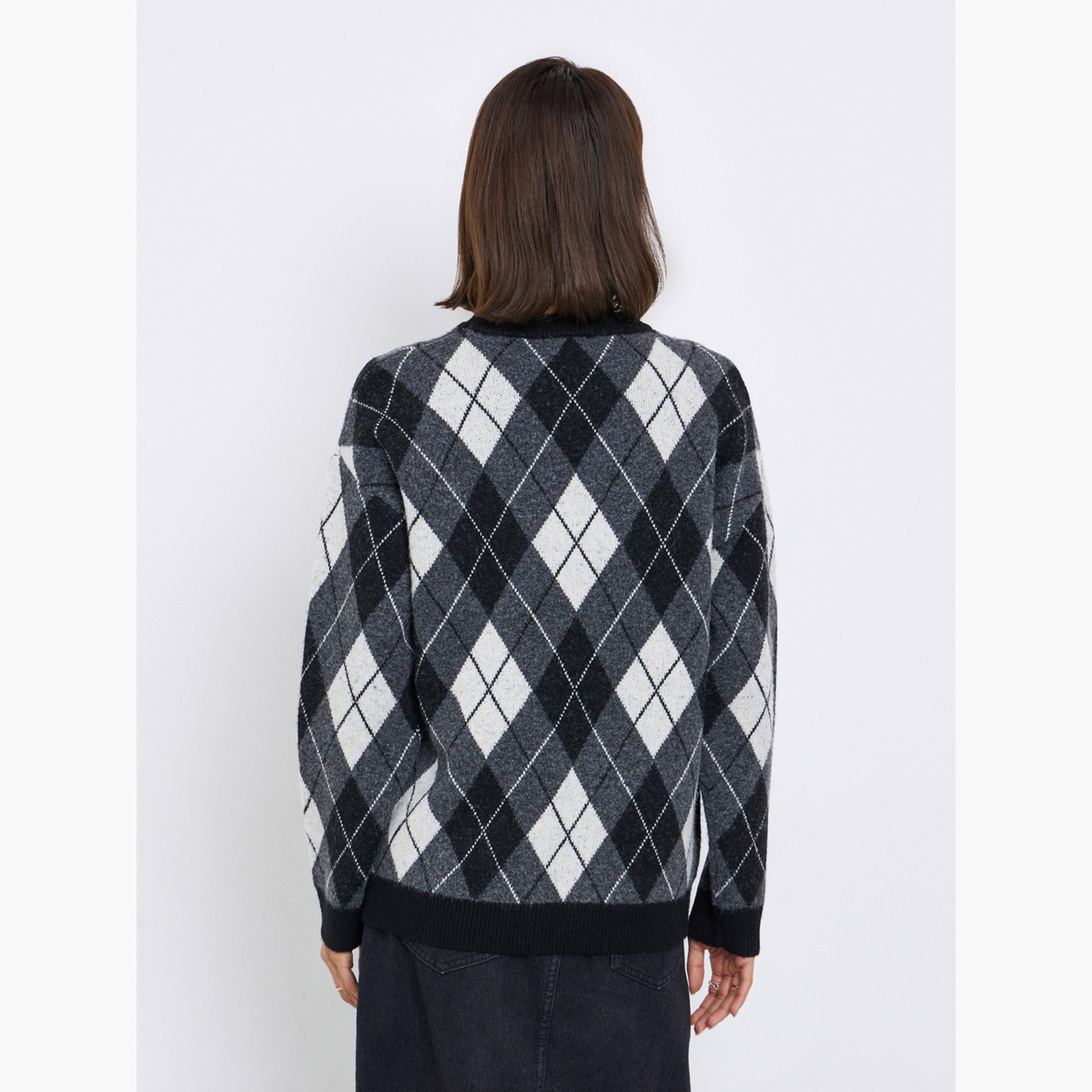 Styli Argyle Pattern Oversized Round Neck Long Sleeves Women's Sweater-women-clothing-cardigansandjumpers-jumpers-image-5