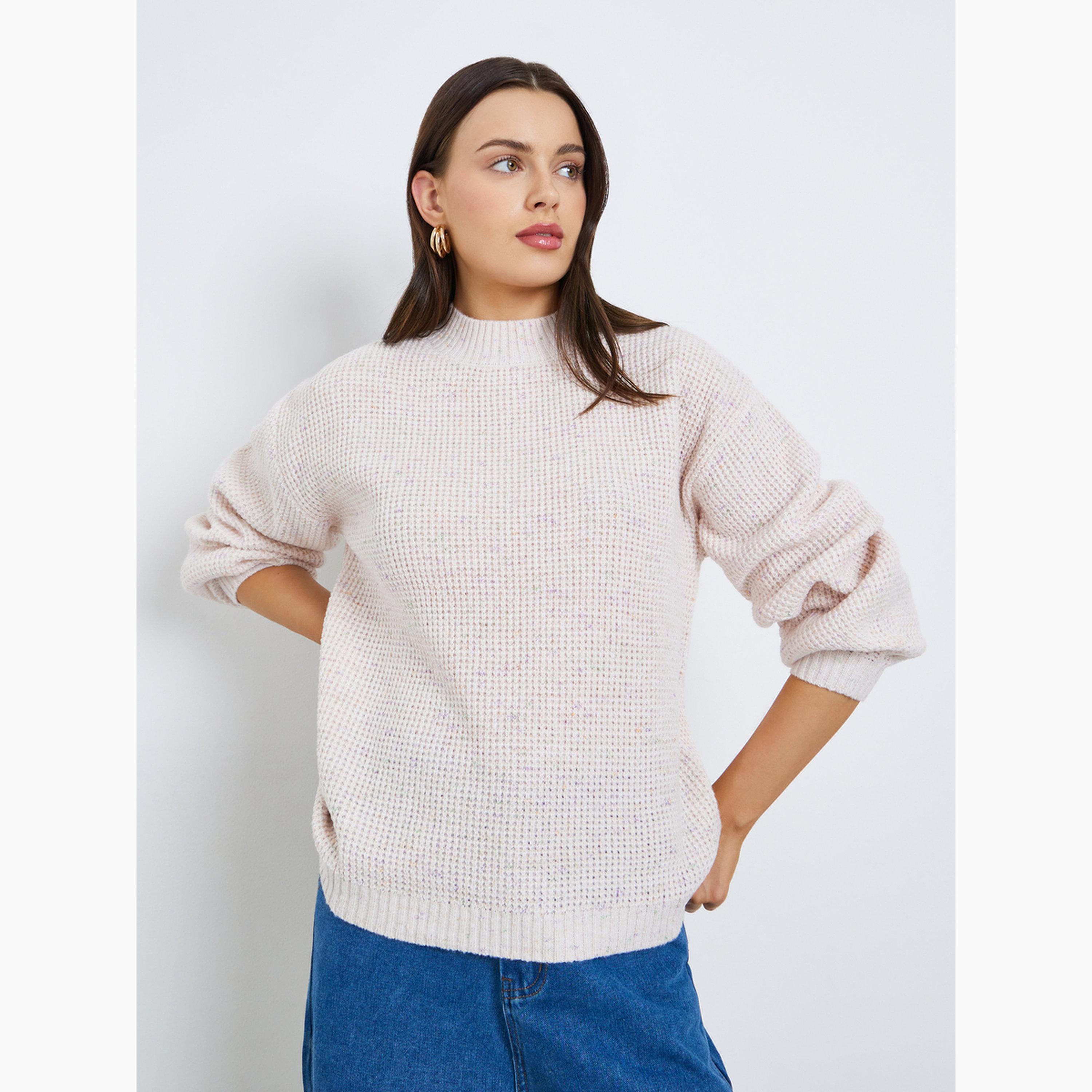 Styli Chunky Knit Mixed Yarn Regular Fit High Neck Long Sleeves Women's Sweater-women-winterwear-cardigansandjumpers-jumpers-image-1
