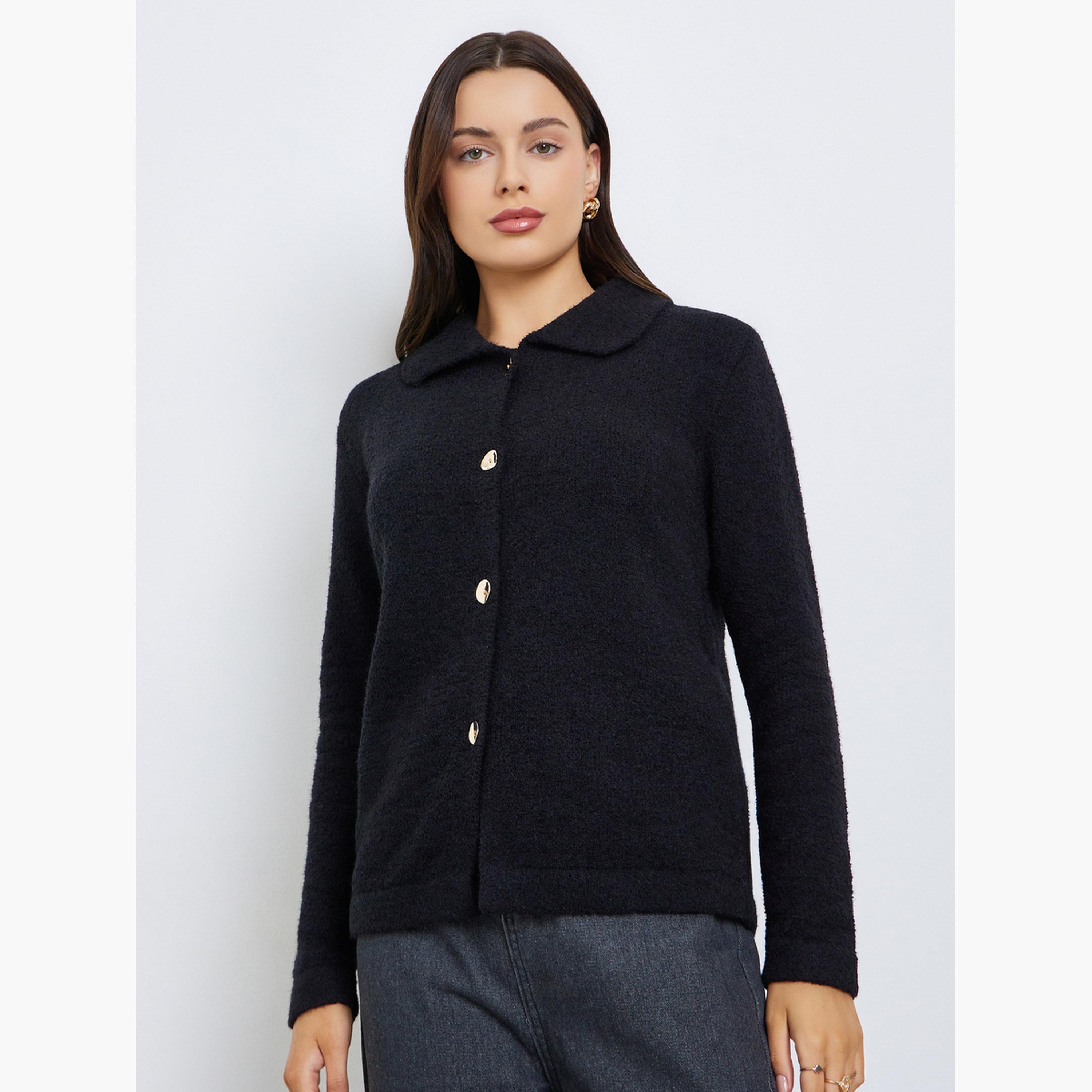 ستايلي - كارديغان نسائي محبوك سميك بقصّة عادية وأكمام طويلة وياقة وأزرار-women-winterwear-cardigansandjumpers-cardigans-image-1