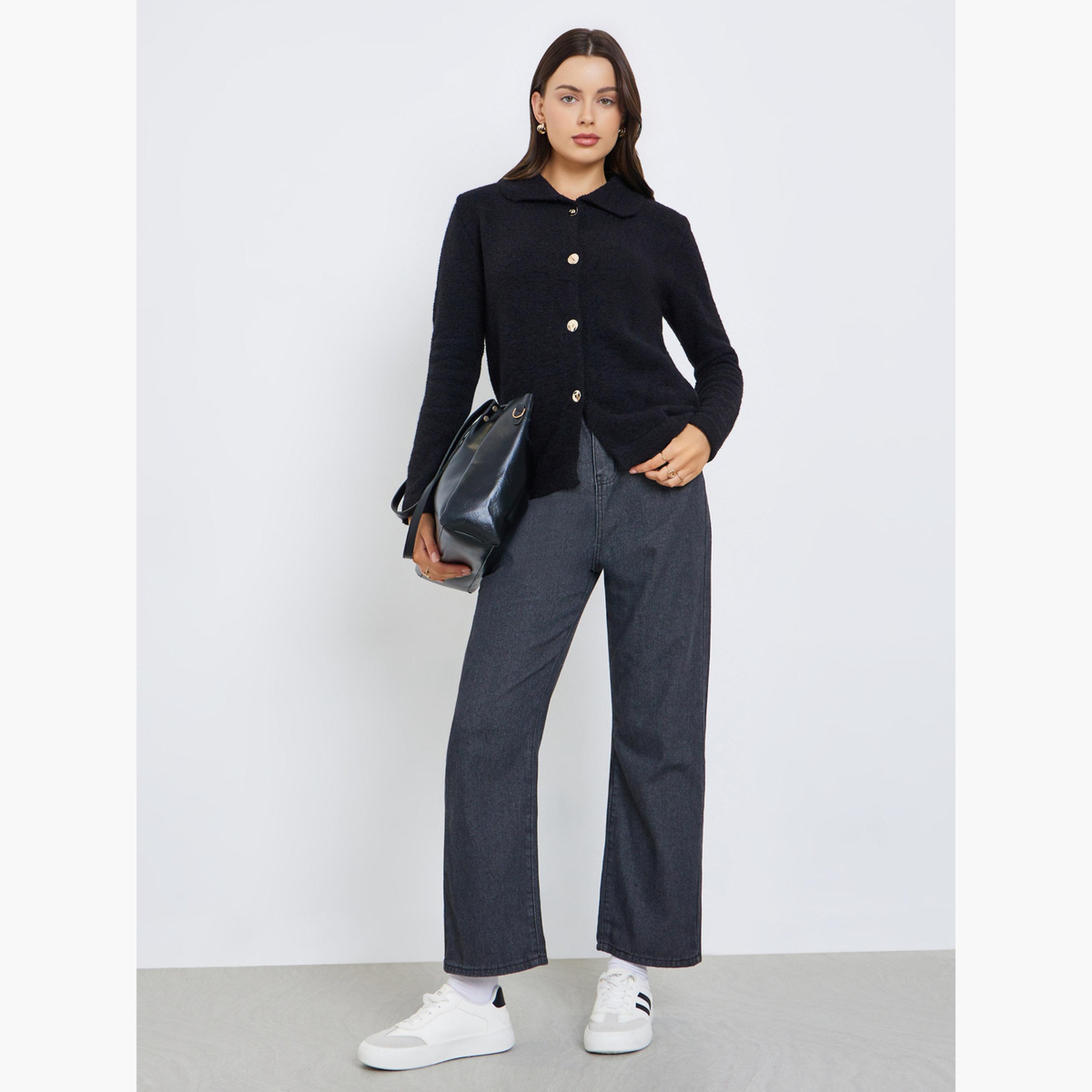 ستايلي - كارديغان نسائي محبوك سميك بقصّة عادية وأكمام طويلة وياقة وأزرار-women-winterwear-cardigansandjumpers-cardigans-image-2