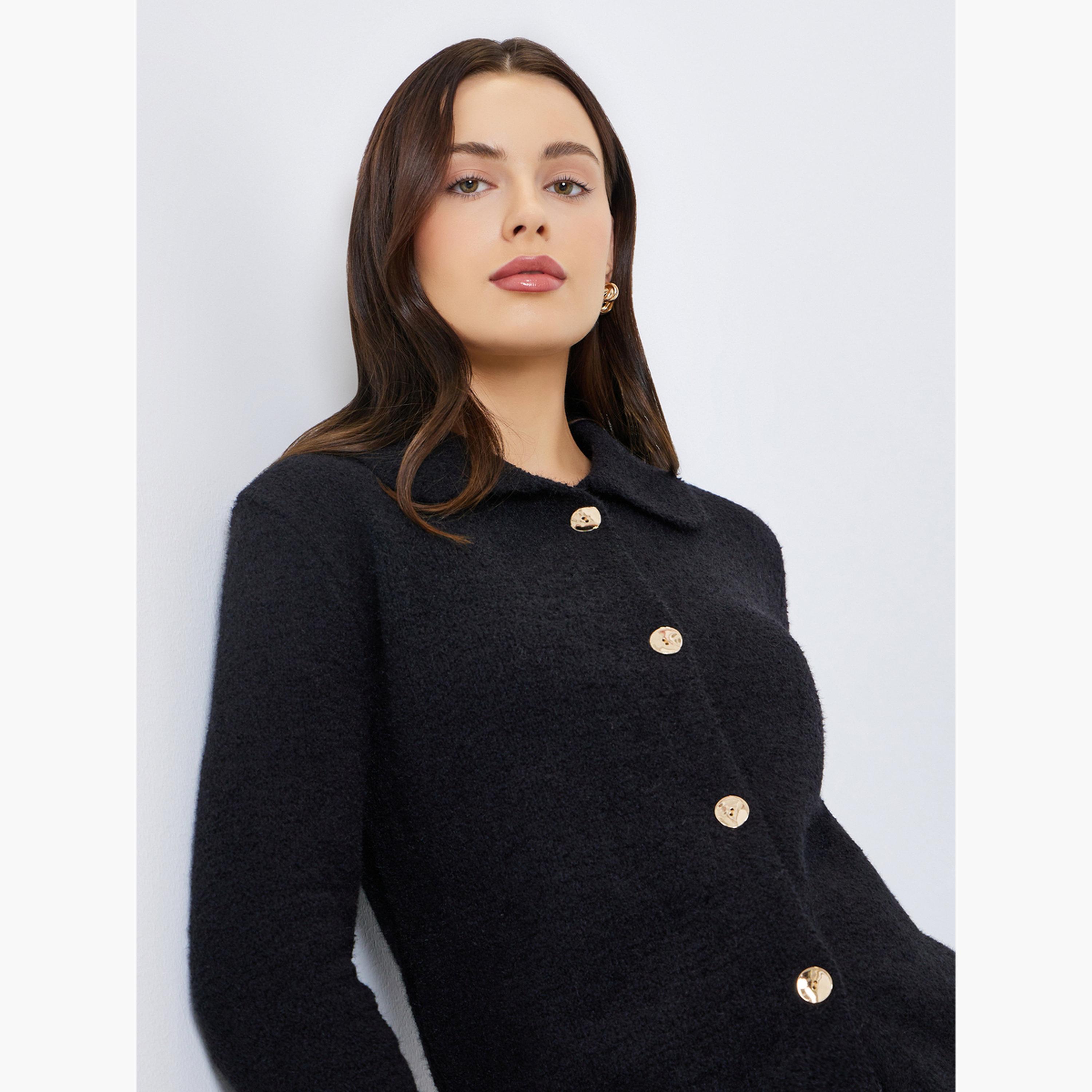 ستايلي - كارديغان نسائي محبوك سميك بقصّة عادية وأكمام طويلة وياقة وأزرار-women-winterwear-cardigansandjumpers-cardigans-image-3