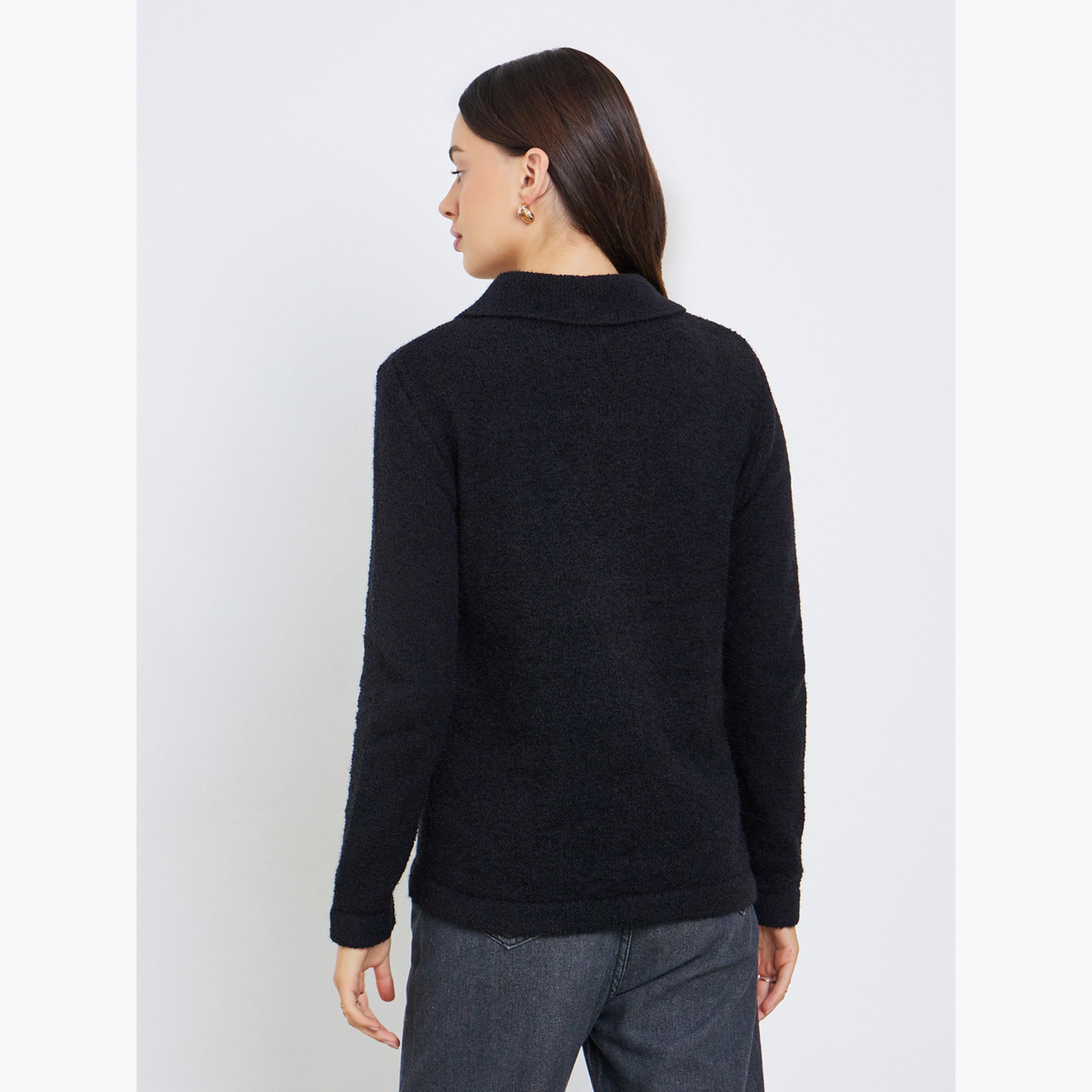 ستايلي - كارديغان نسائي محبوك سميك بقصّة عادية وأكمام طويلة وياقة وأزرار-women-winterwear-cardigansandjumpers-cardigans-image-4