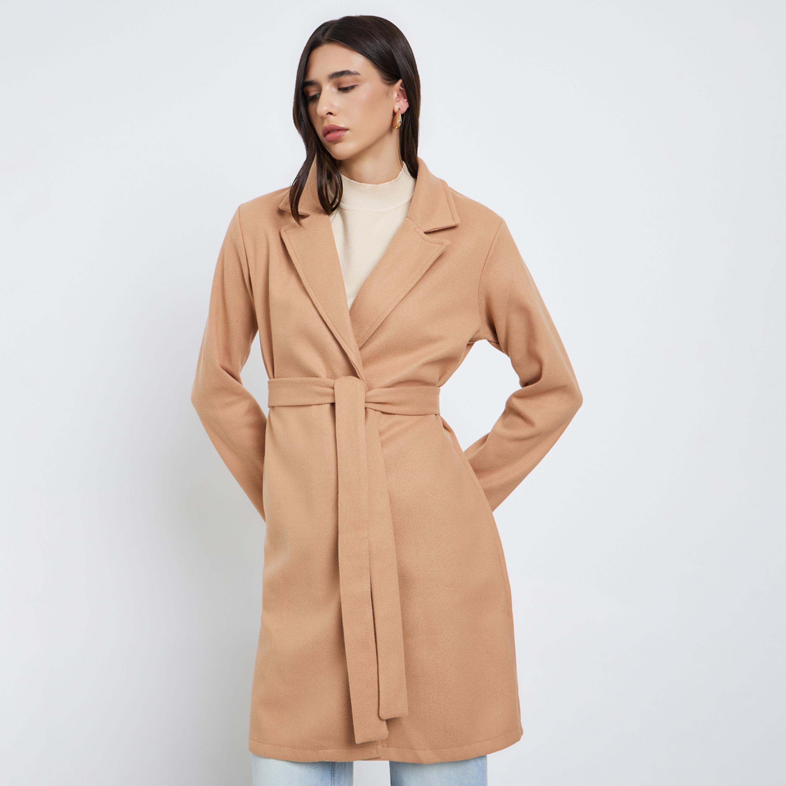 Styli Beige Regular Fit Wool Like Belted Coat-women-clothing-coatsandjackets-coats-image-1